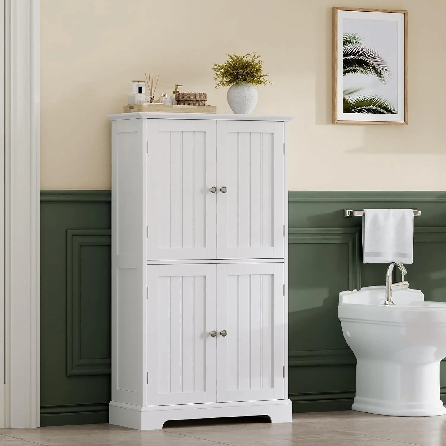 Bathroom Floor Cabinet, Modern Bathroom Storage Cabinet with 4 Doors and Adjustable Shelves, Freestanding Cupboard