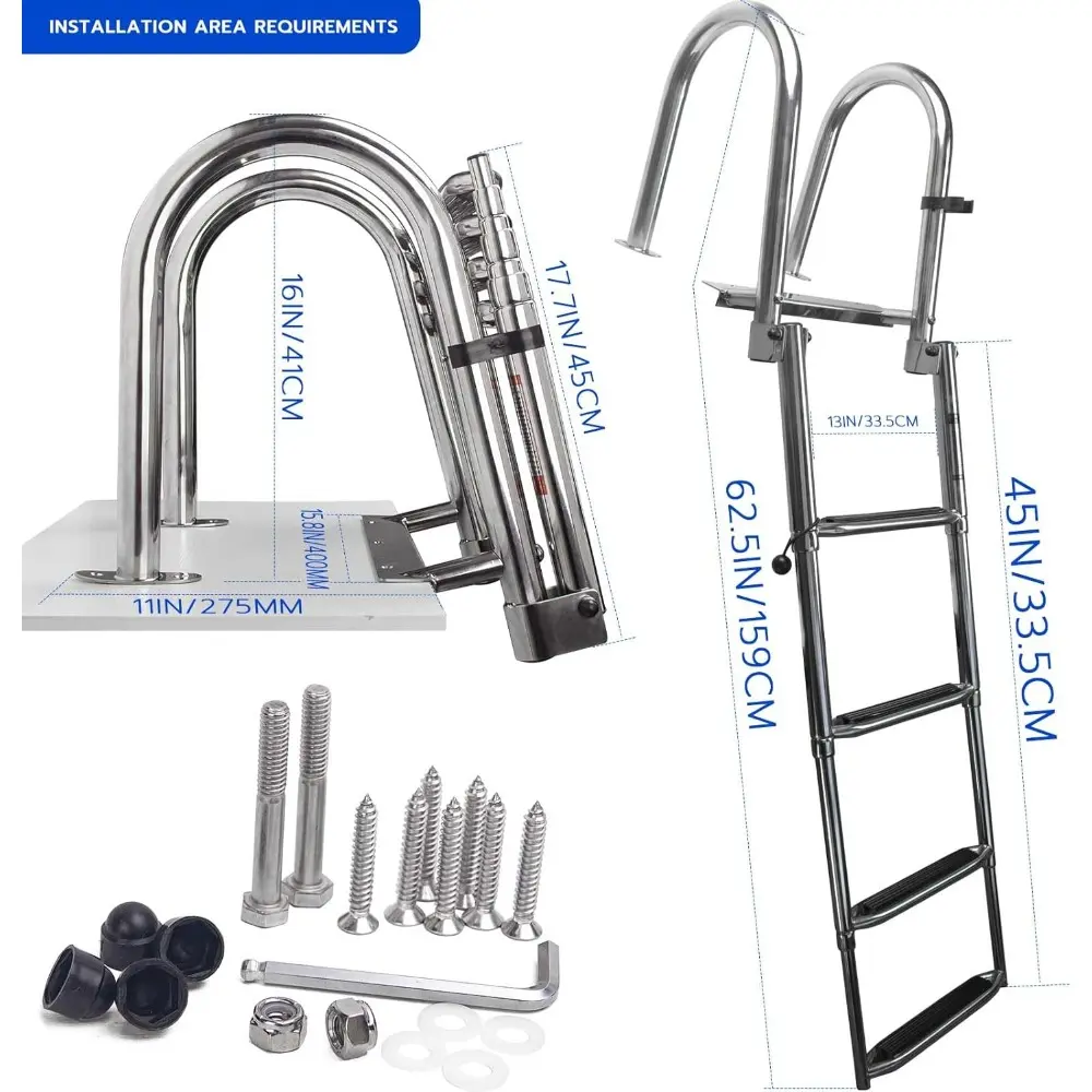 4-Step Stainless Steel Telescoping Dock Ladder for Pontoon Boats - Heavy Duty 600lbs Capacity, Foldable Rear Entry Swim Ladder w