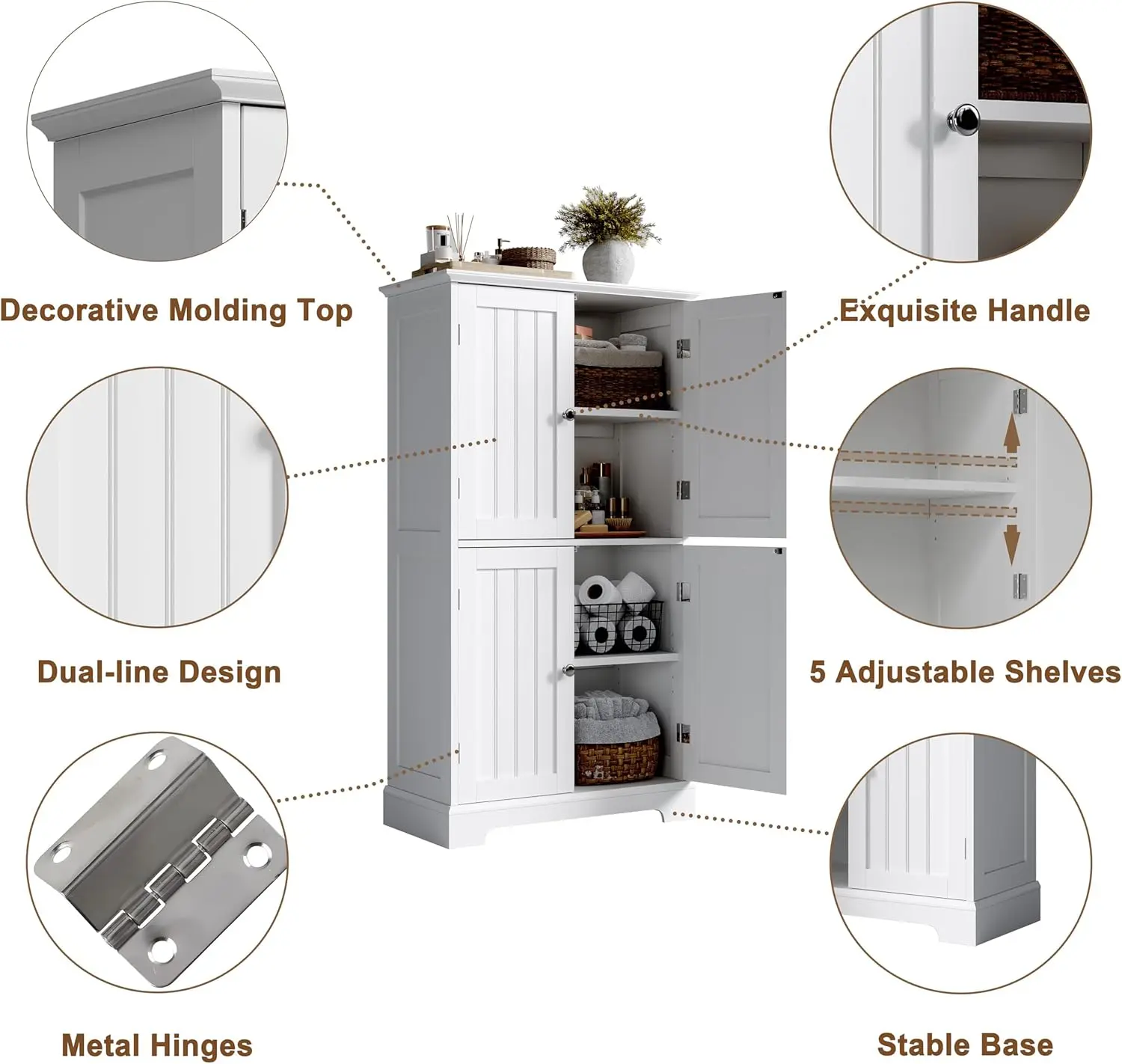 Bathroom Floor Cabinet, Modern Bathroom Storage Cabinet with 4 Doors and Adjustable Shelves, Freestanding Cupboard