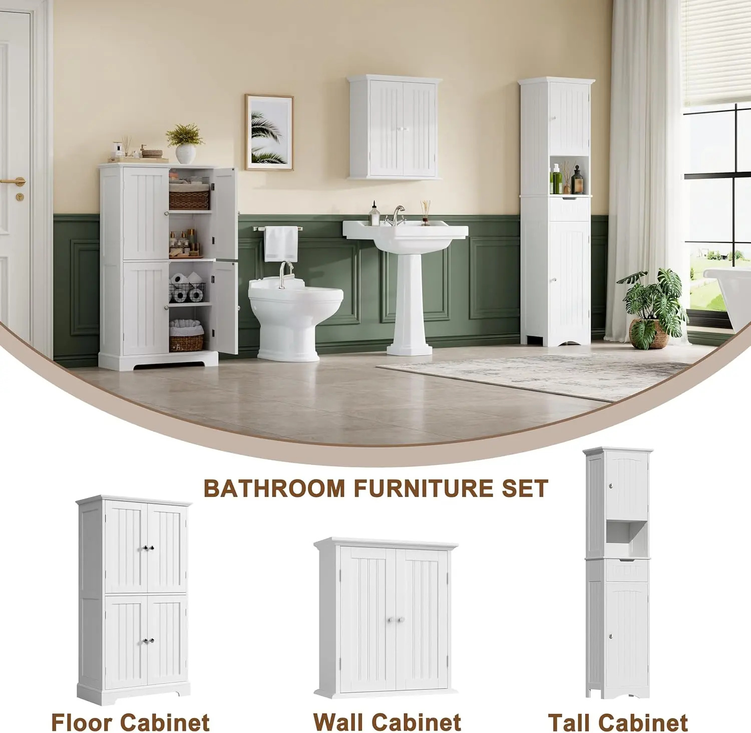 Bathroom Floor Cabinet, Modern Bathroom Storage Cabinet with 4 Doors and Adjustable Shelves, Freestanding Cupboard