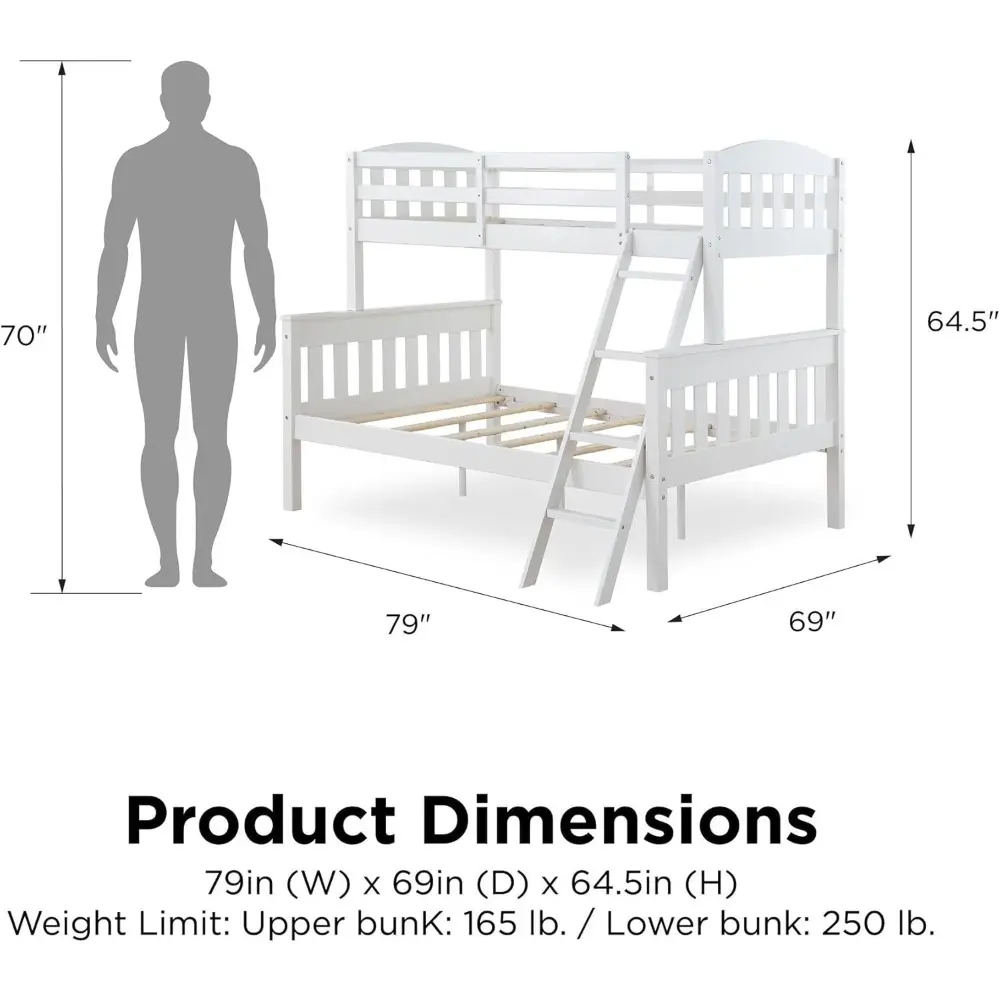DHP Airlie Twin over Full Bunk Bed, White, Wood Construction, Converts to Twin/Full, 4-Step Ladder, Guard Rails