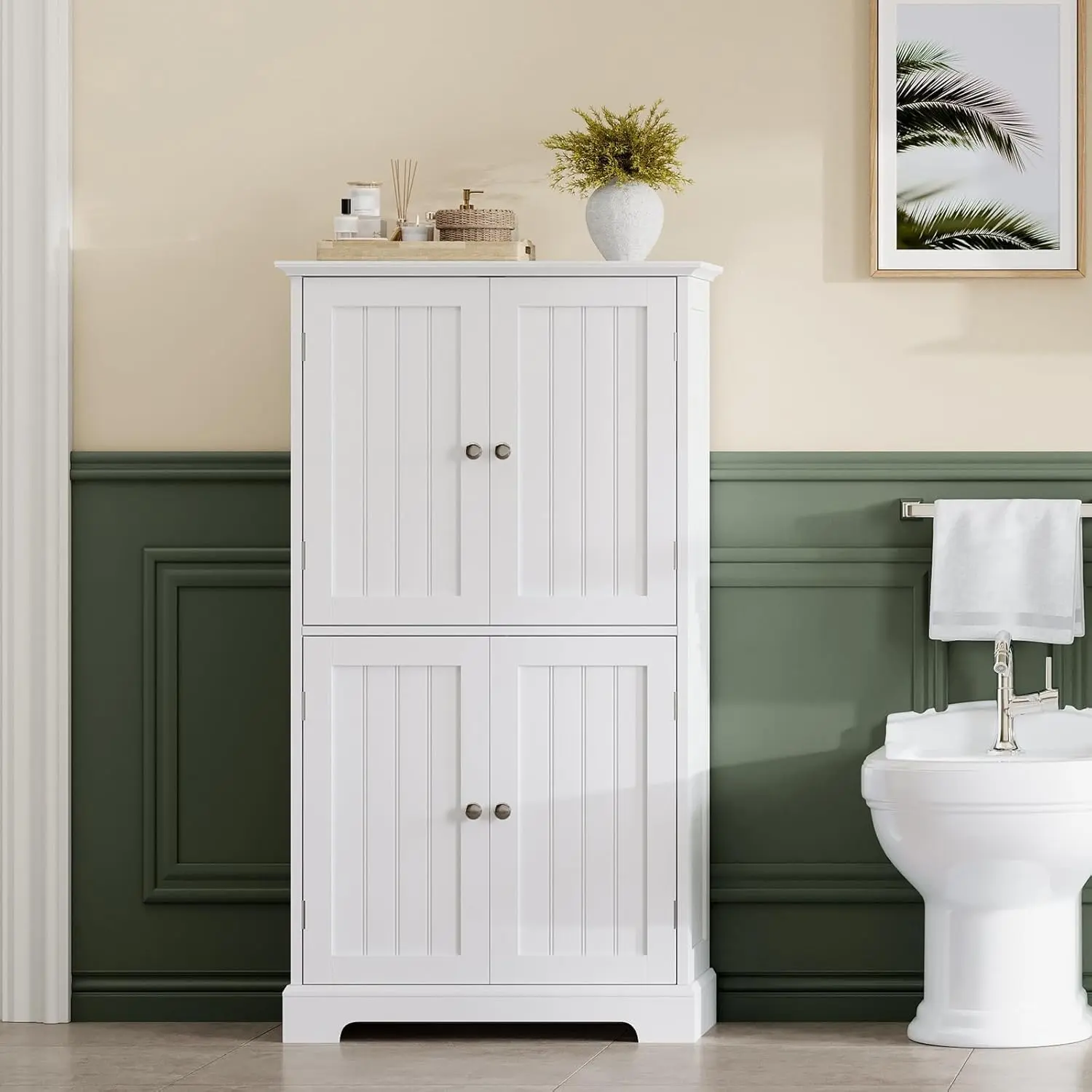 Bathroom Floor Cabinet, Modern Bathroom Storage Cabinet with 4 Doors and Adjustable Shelves, Freestanding Cupboard