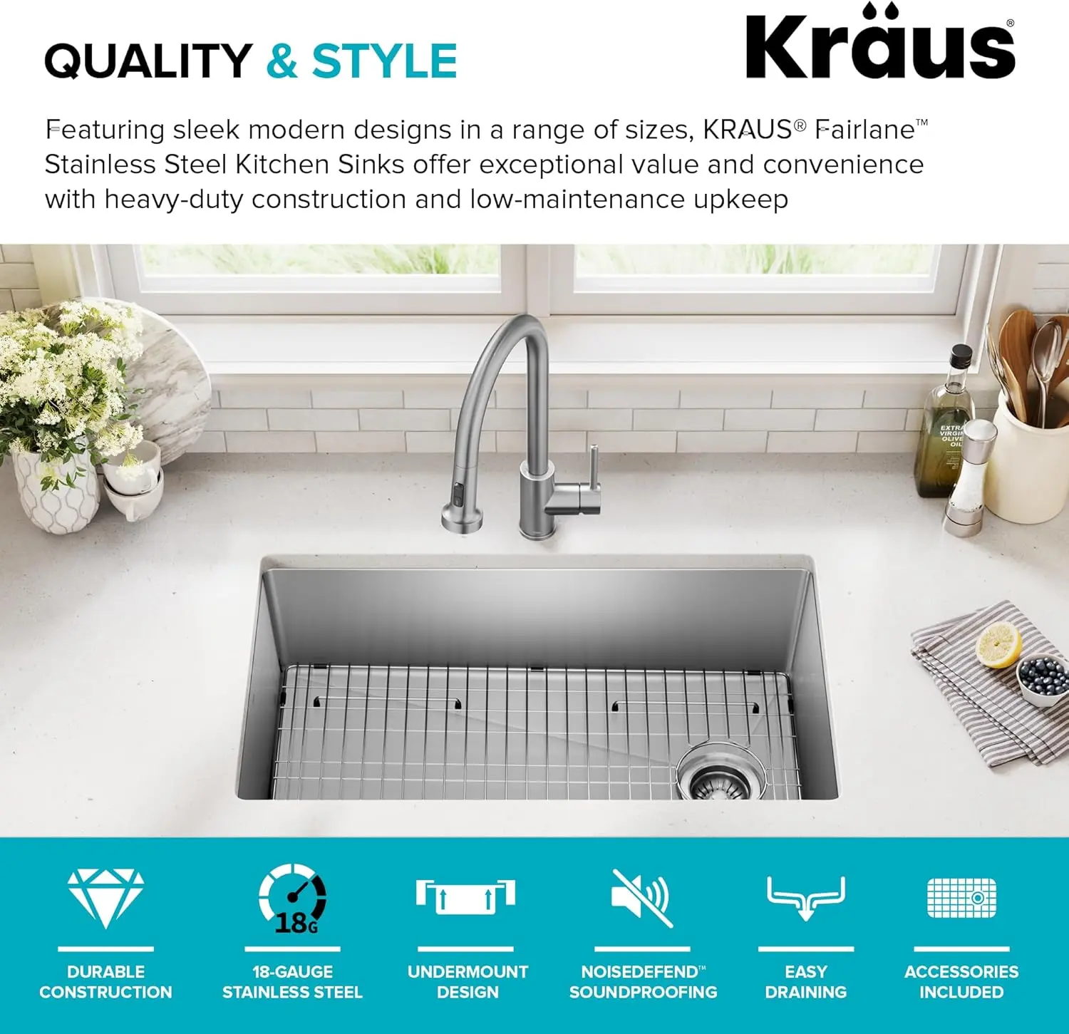 Fairlane 33-inch Undermount Single Bowl 18-Gauge Stainless Steel Kitchen Sink, KHU640-33