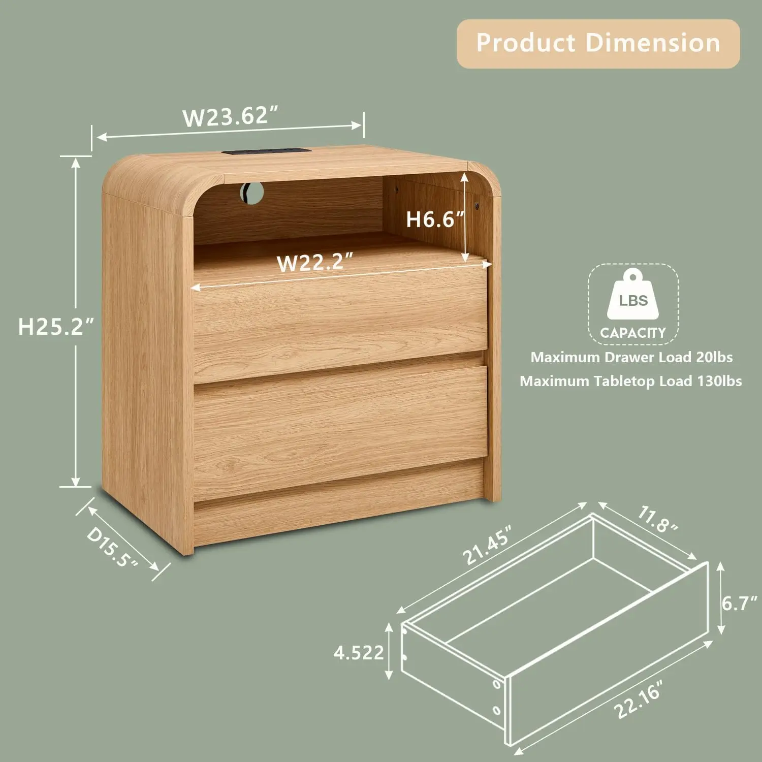 25" Tall Modern Nightstand with Charging Station, 23.6'' Wide Wood Bedside Table w/2 Storage Drawers, Large Mid Century