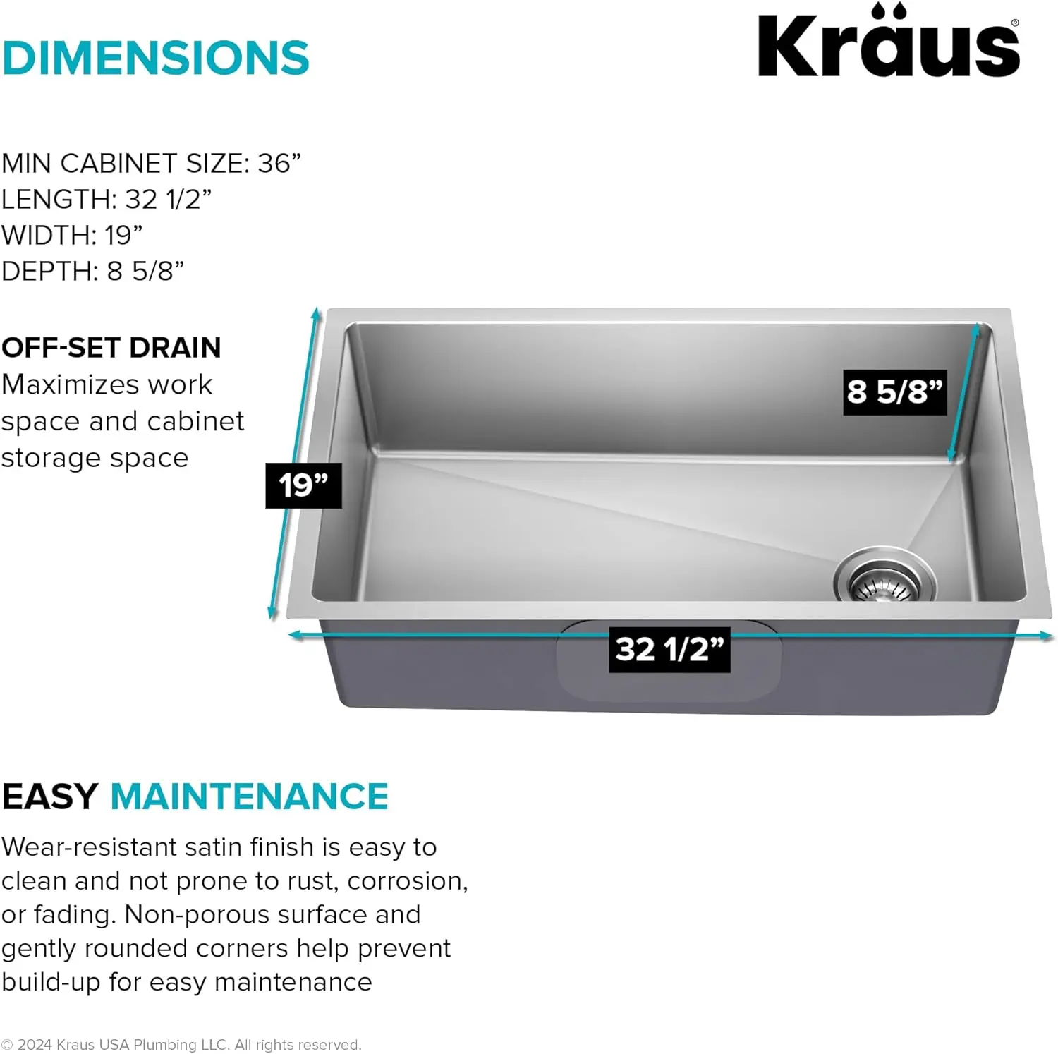 Fairlane 33-inch Undermount Single Bowl 18-Gauge Stainless Steel Kitchen Sink, KHU640-33
