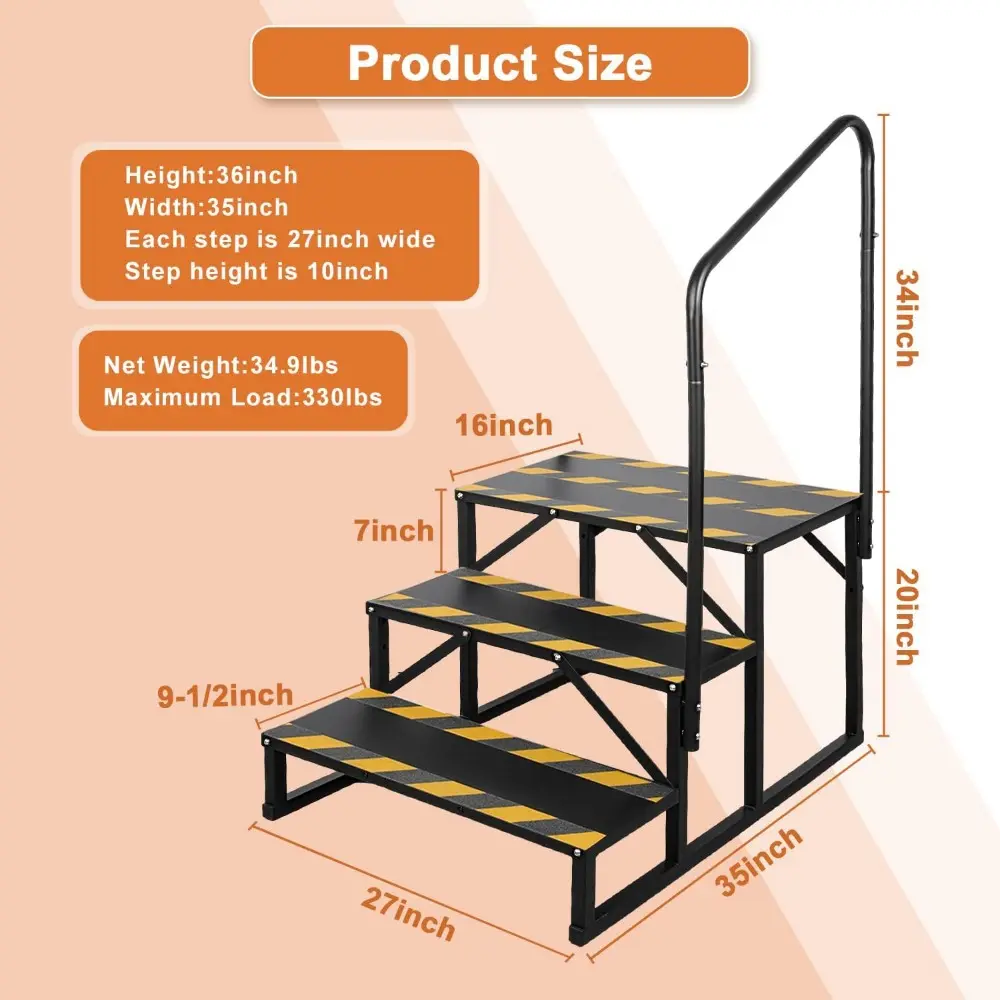 3 Step RV Stairs, Hot Tub Steps, Outdoor Spa Step Ladder with Handrail,Portable Economy 5th Wheel Stair for Travel Trailer, Moto