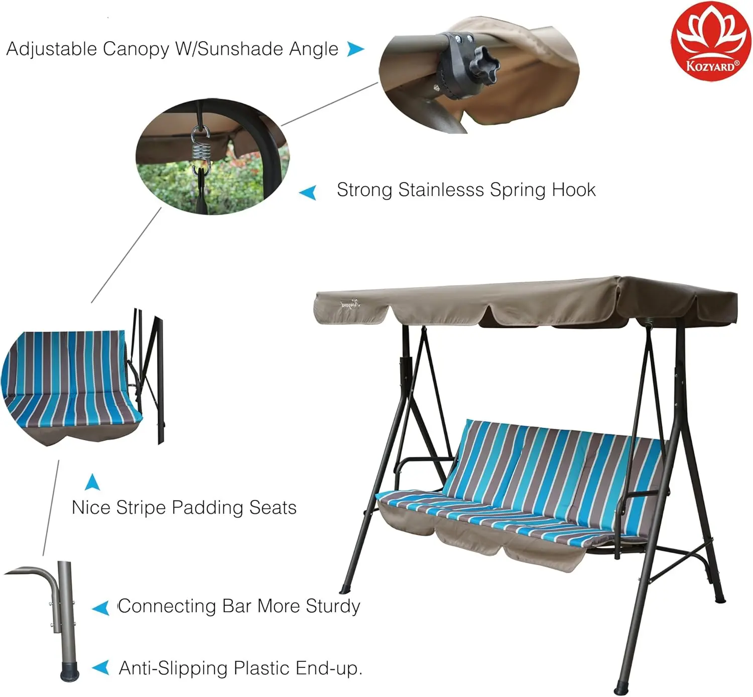 Alicia Patio Swing Chair - Comfortable 3 Cushion Seats with Strong Steel Frame,AdjustableCanopy andRemovableCushion Ideal Glider