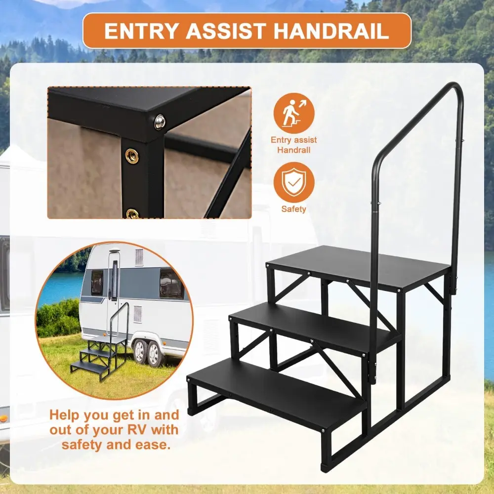 3 Step RV Stairs, Hot Tub Steps, Outdoor Spa Step Ladder with Handrail,Portable Economy 5th Wheel Stair for Travel Trailer, Moto