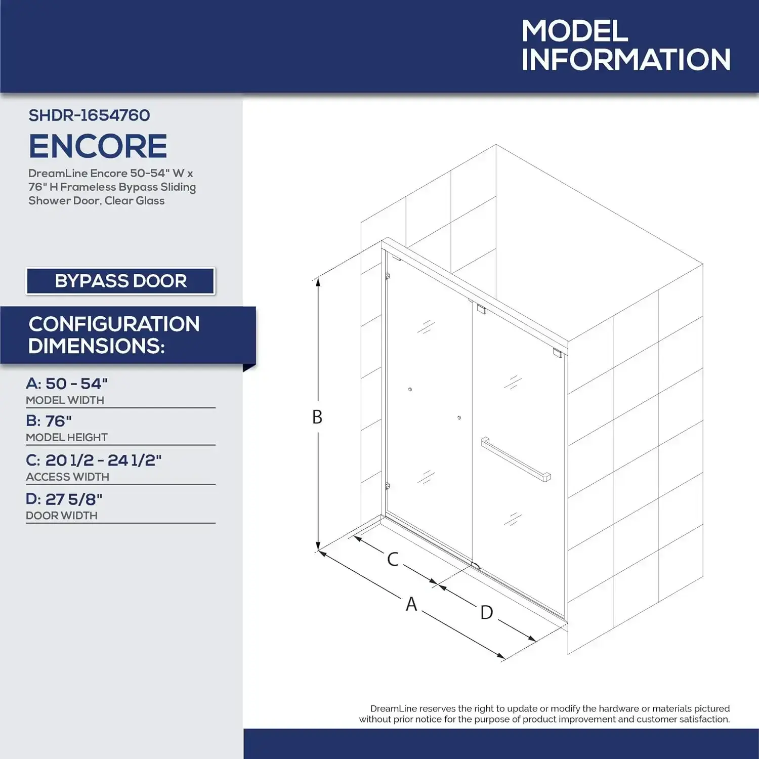 Encore 50-54 in. W x 76 in. H Semi-Frameless Bypass Shower Door in Satin Black, SHDR-1654760-09