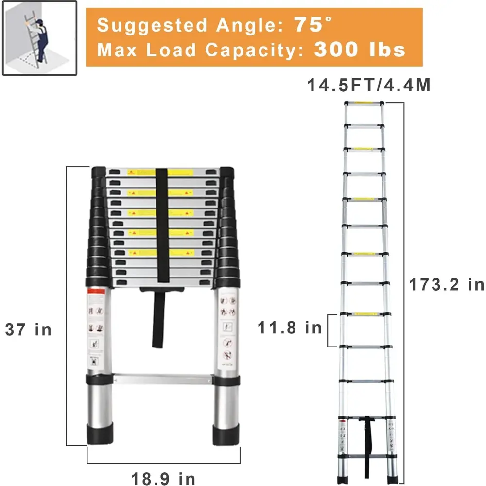 Telescoping Extension Ladder 14.5 FT, Folding Telescopic Aluminum Ladders, Lightweight Collapsible Ladder Step for RV Roof Attic
