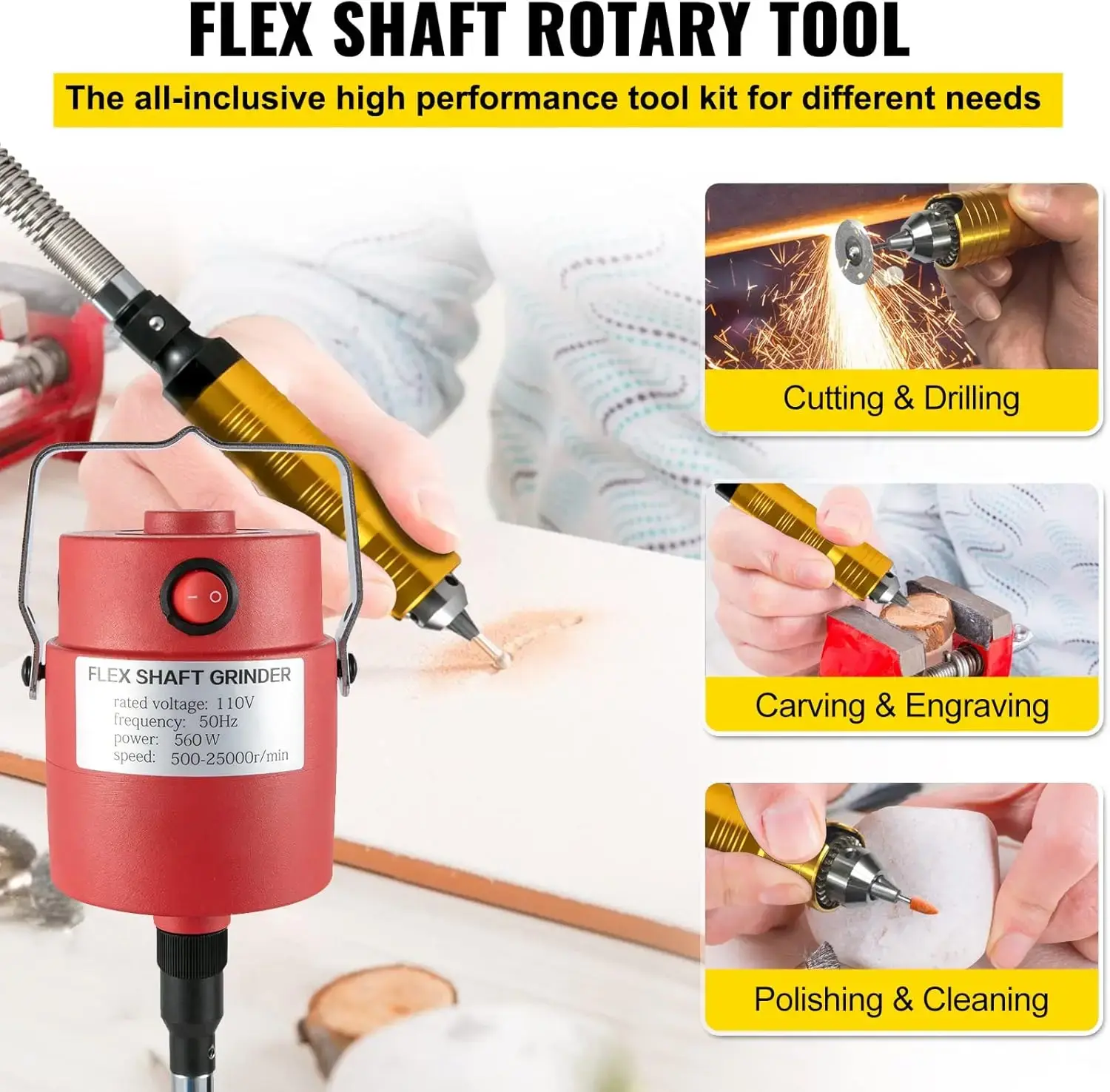 Flex Shaft Grinder 560W Rotary Tool with 1/4" 3-Jaw Chuck & Stepless Speed Foot Pedal Rotary Carver 500-25000RPM Hanging Grindin