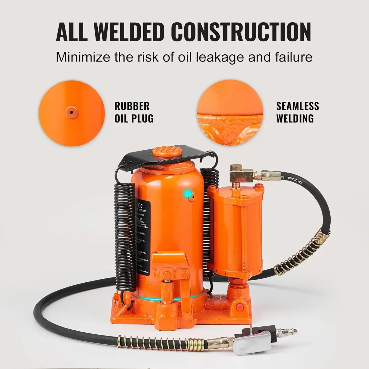 Air Hydraulic Bottle Jack, 20 Ton/40000 LBS All Welded Bottle Jack, 10.4-19.7 inch Lifting Range, Manual Handle and Air Pump