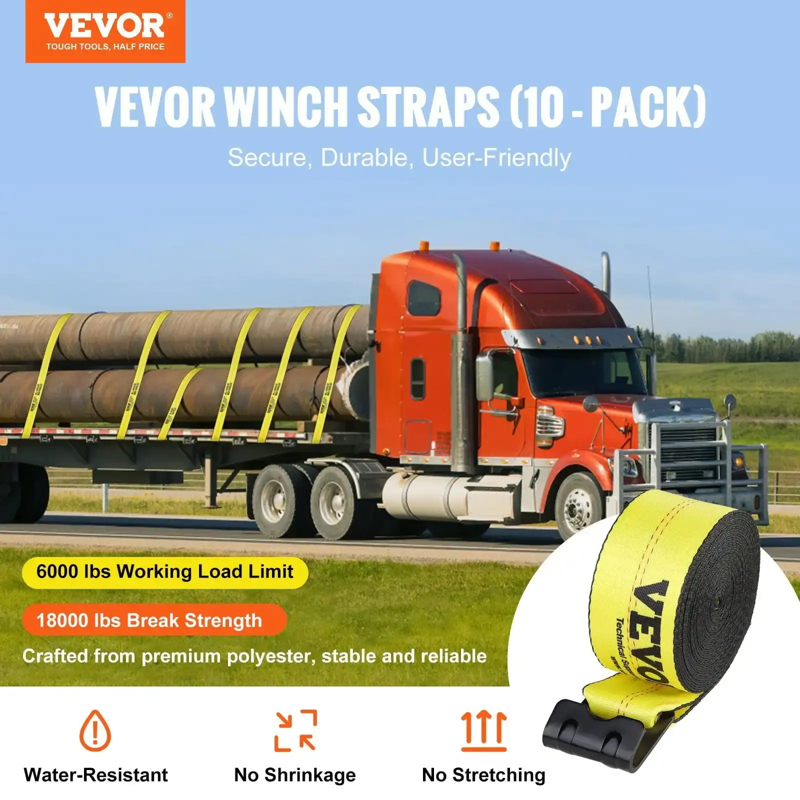 Winch Straps, 4" x 40', 6000 lbs Load Capacity, 18000 lbs Break Strength, Truck Straps with Flat Hook