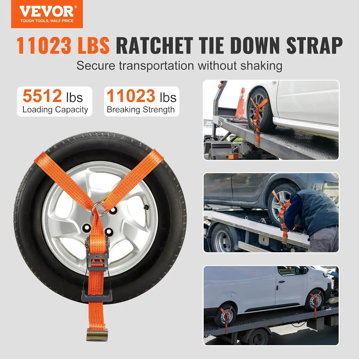 Car Tie Down Straps Kit, Lasso Style 2" x 120" Tire Straps, 5512 LBS Working Load, 11023 LBS Breaking Strength, with Flat Hooks