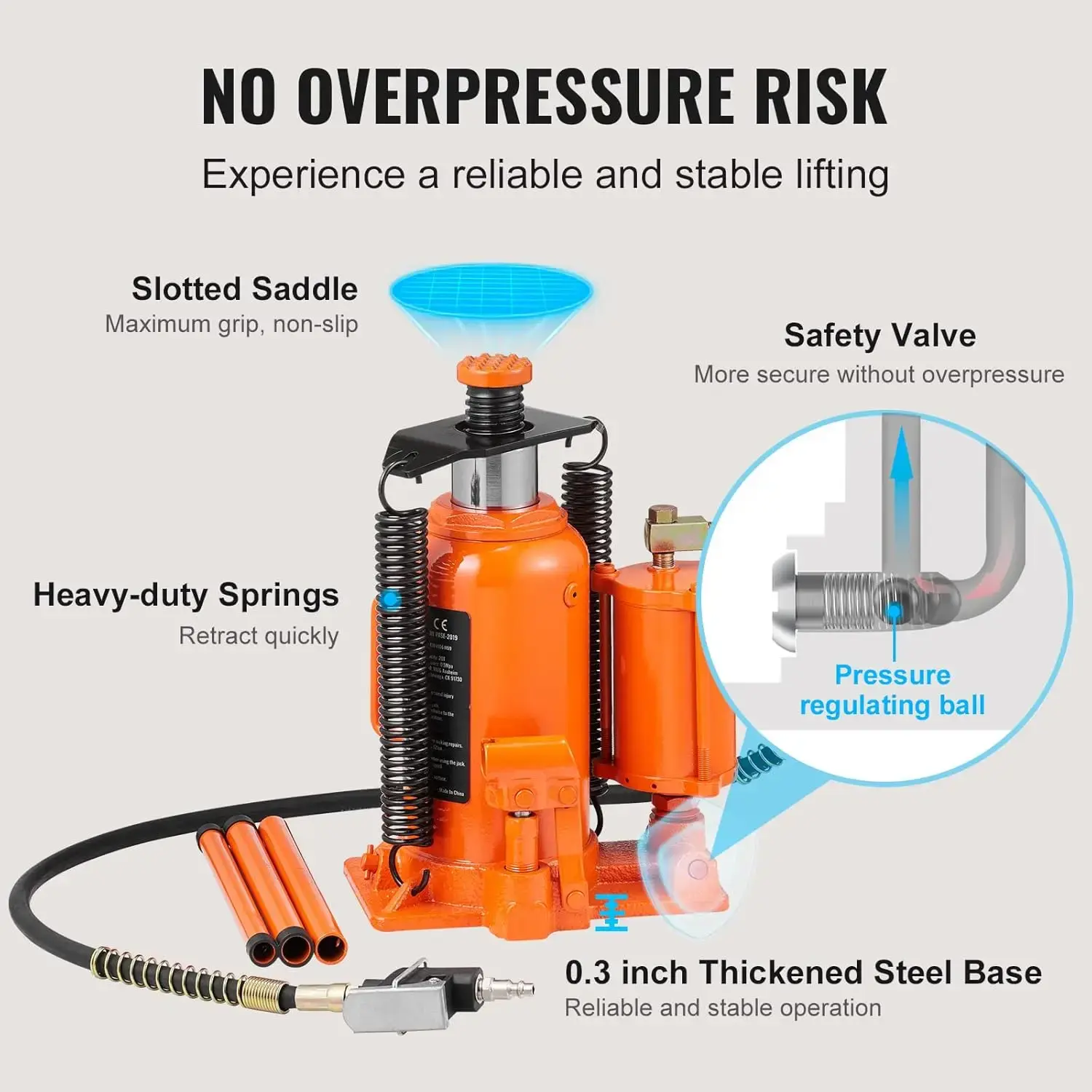 Air Hydraulic Bottle Jack, 20 Ton/40000 LBS All Welded Bottle Jack, 10.4-19.7 inch Lifting Range, Manual Handle and Air Pump