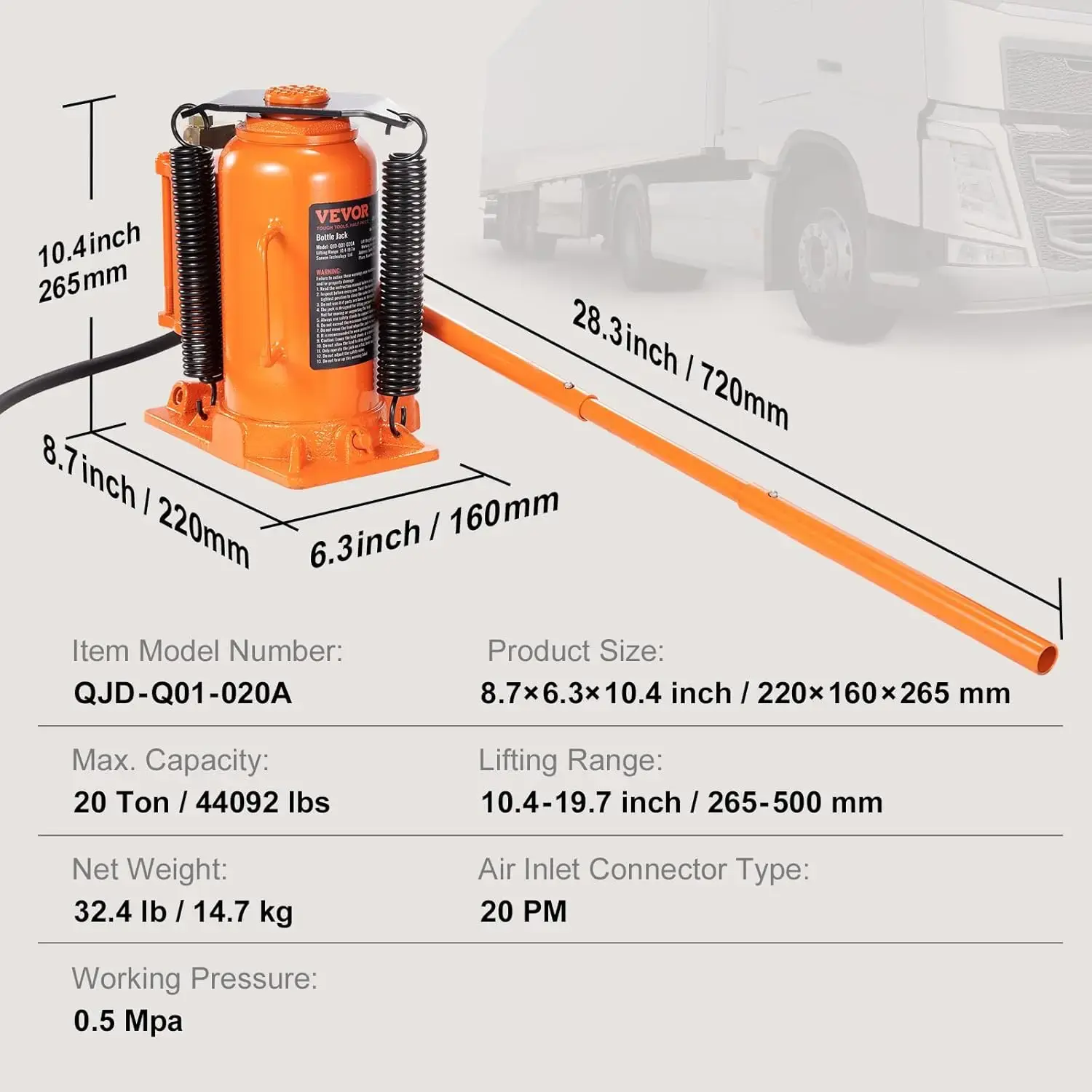 Air Hydraulic Bottle Jack, 20 Ton/40000 LBS All Welded Bottle Jack, 10.4-19.7 inch Lifting Range, Manual Handle and Air Pump