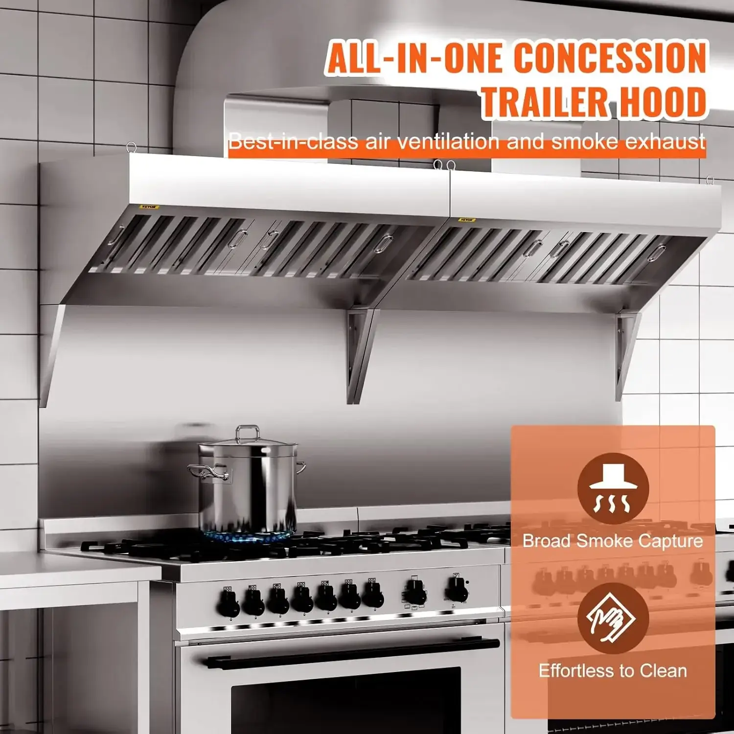 Commercial Exhaust Hood, 8FT Food Truck Hood Exhaust, 201 Stainless Steel Concession Trailer Hood with 4 Detachable