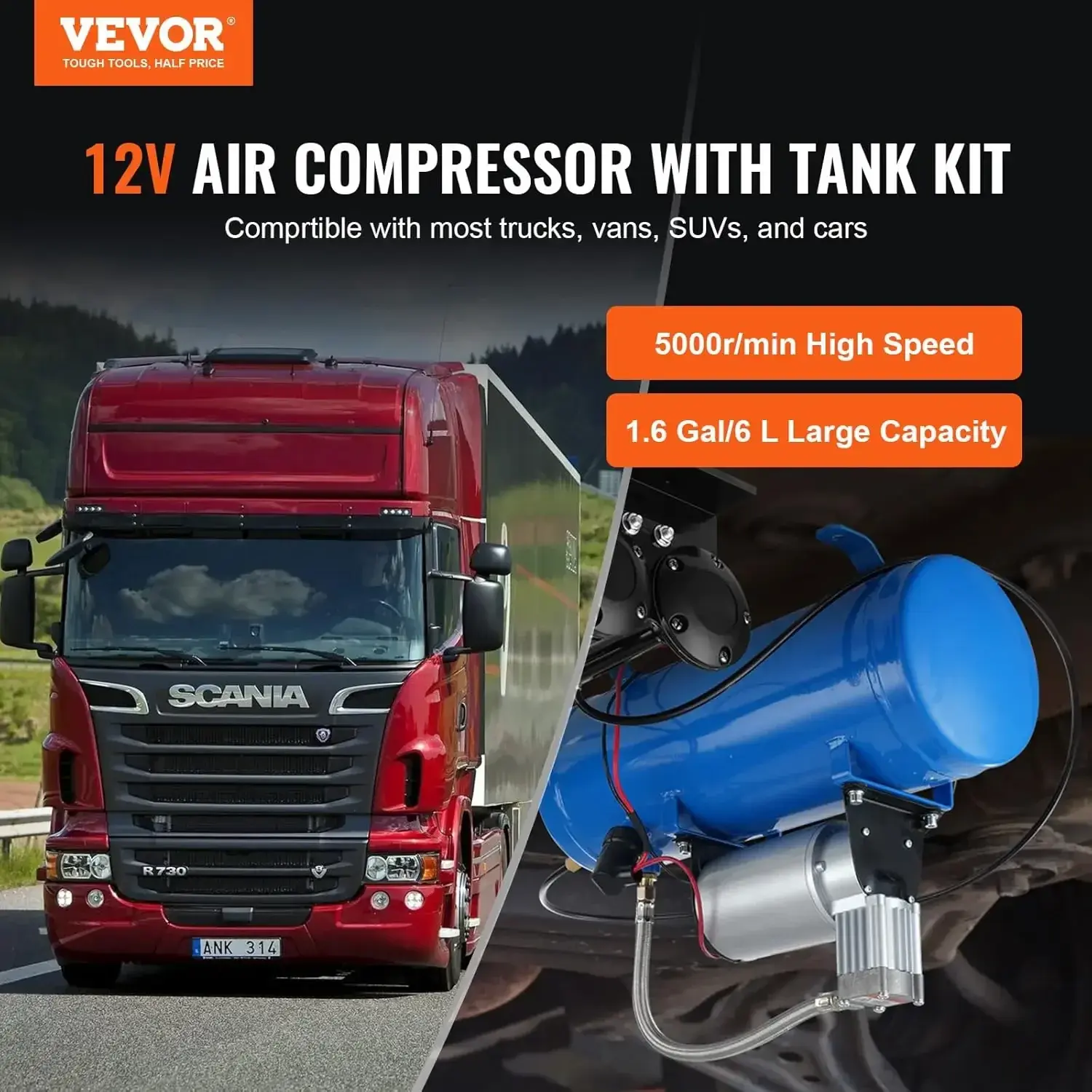 12V Air Compressor with Tank 1.6 Gallon/6 L, Train Horn Air Compressor