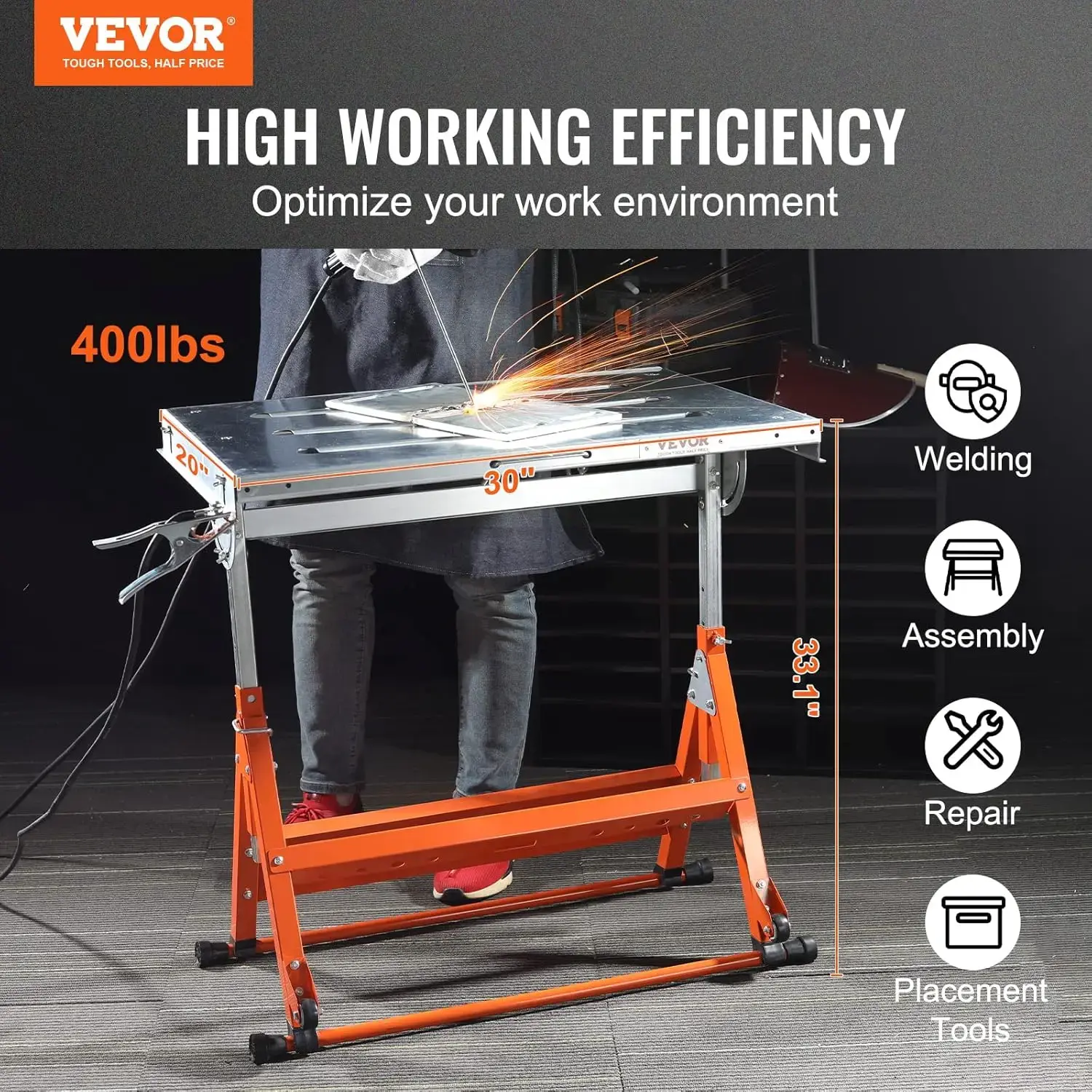 Welding Table Foldable 30"x20", Welding Workbench Table 400lbs Load Capacity Steel on Wheels