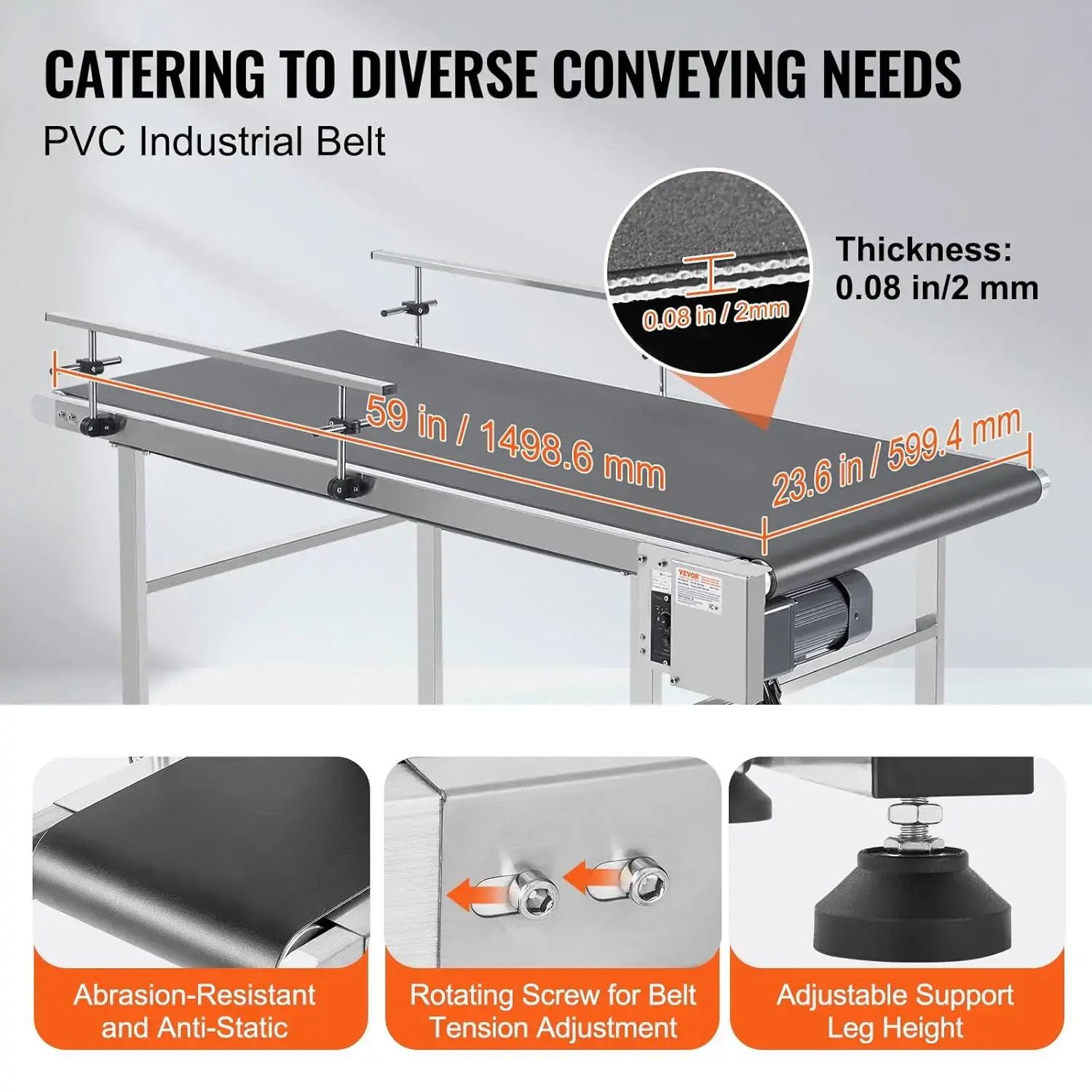 Belt Conveyor, 59 x 23.6 inch Conveyor Table, Heavy Duty Stainless Steel Motorized Belt Conveyor