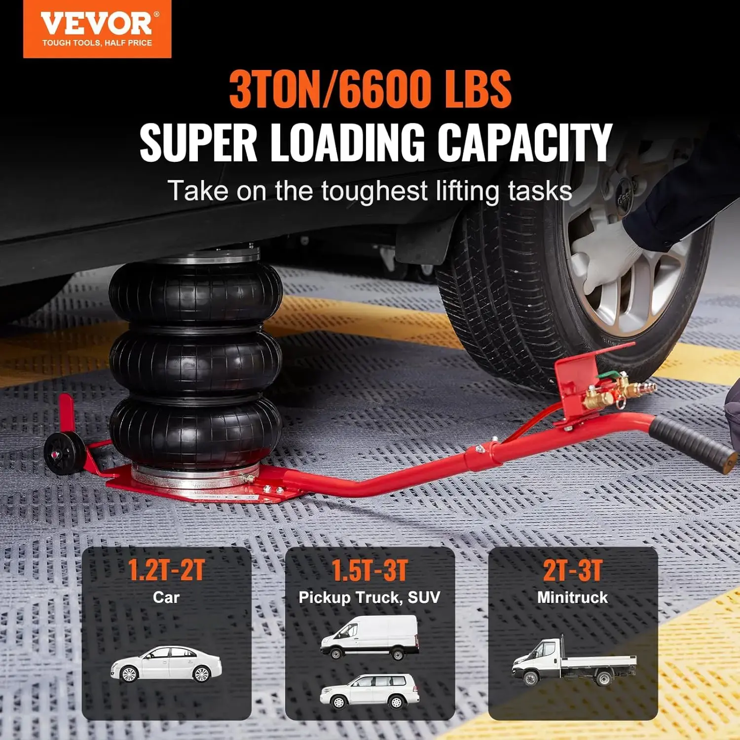 VEVOR Air Jack, 3 Ton/6600 lbs Triple Bag Air Jack, Airbag Jack with Six Steel Pipes, Lift up to 17.7 inch/450 mm