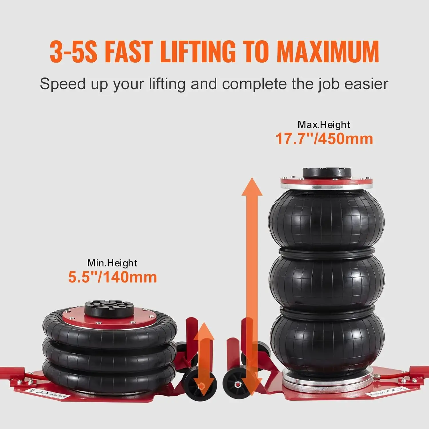 VEVOR Air Jack, 3 Ton/6600 lbs Triple Bag Air Jack, Airbag Jack with Six Steel Pipes, Lift up to 17.7 inch/450 mm