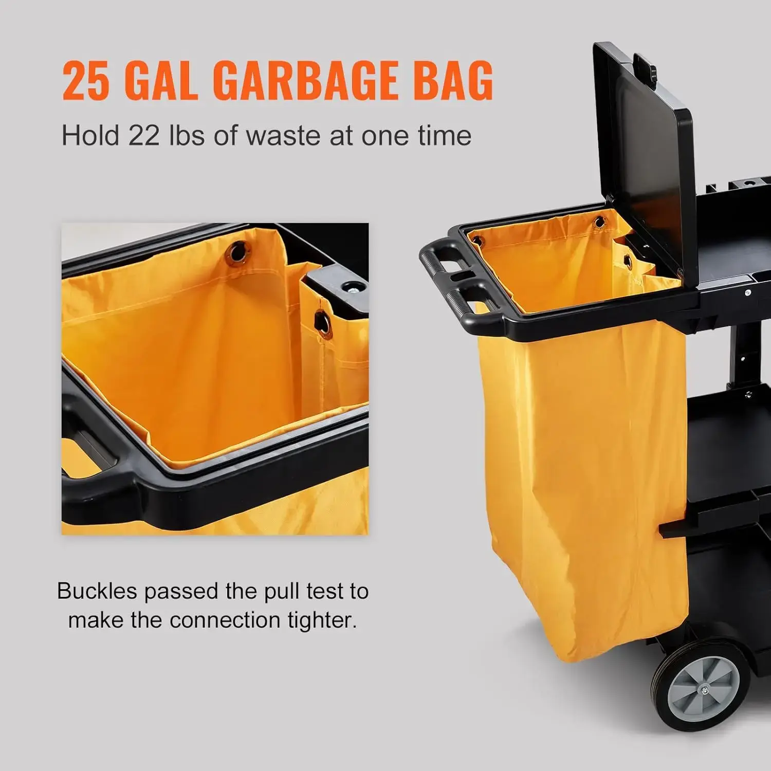 Cleaning Cart, 3-Shelf Commercial Janitorial Cart, 200 lbs Capacity Plastic Housekeeping Cart, with 25 Gallon PVC Bag and Cover