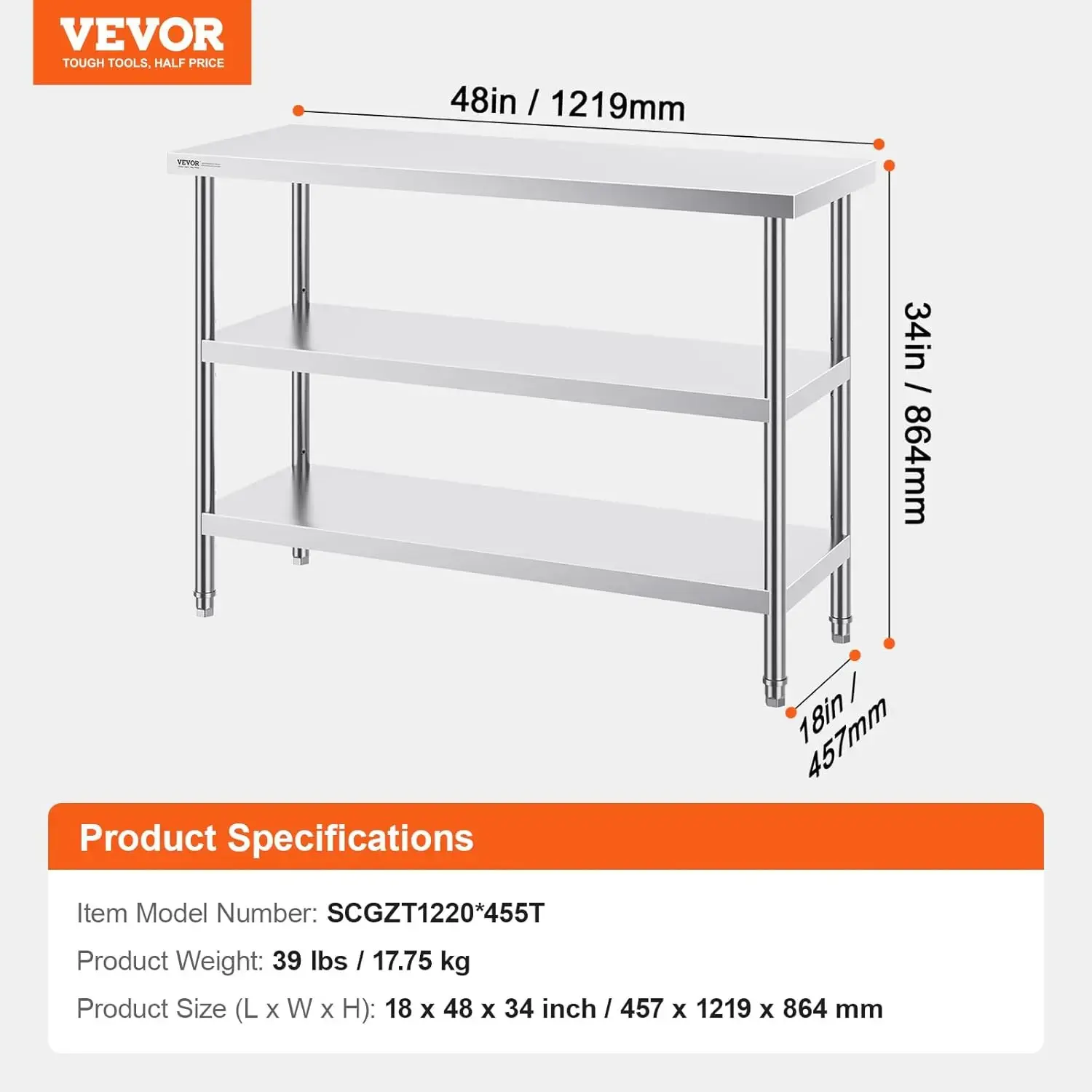 Stainless Steel Food Prep Table, 18 x 48 x 34 Inch Commercial Kitchen Worktable, with 2 Adjustable Undershelf