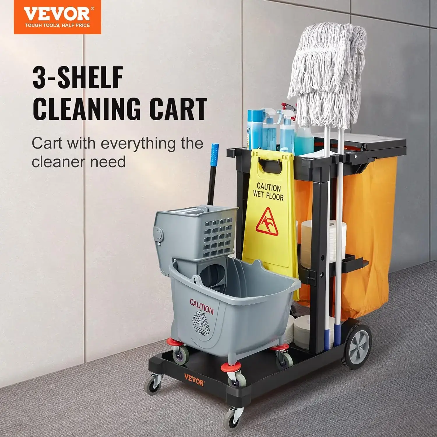 Cleaning Cart, 3-Shelf Commercial Janitorial Cart, 200 lbs Capacity Plastic Housekeeping Cart, with 25 Gallon PVC Bag and Cover