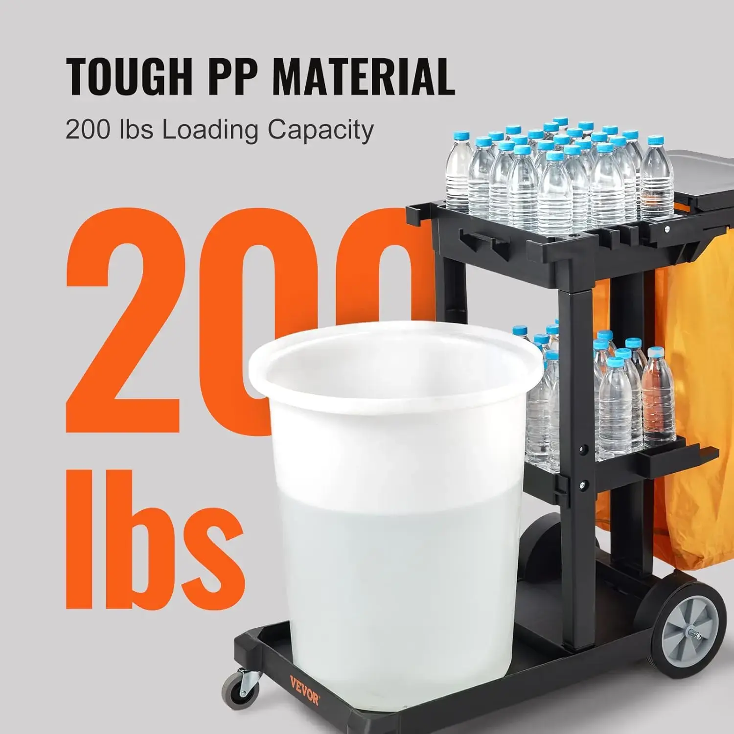 Cleaning Cart, 3-Shelf Commercial Janitorial Cart, 200 lbs Capacity Plastic Housekeeping Cart, with 25 Gallon PVC Bag and Cover