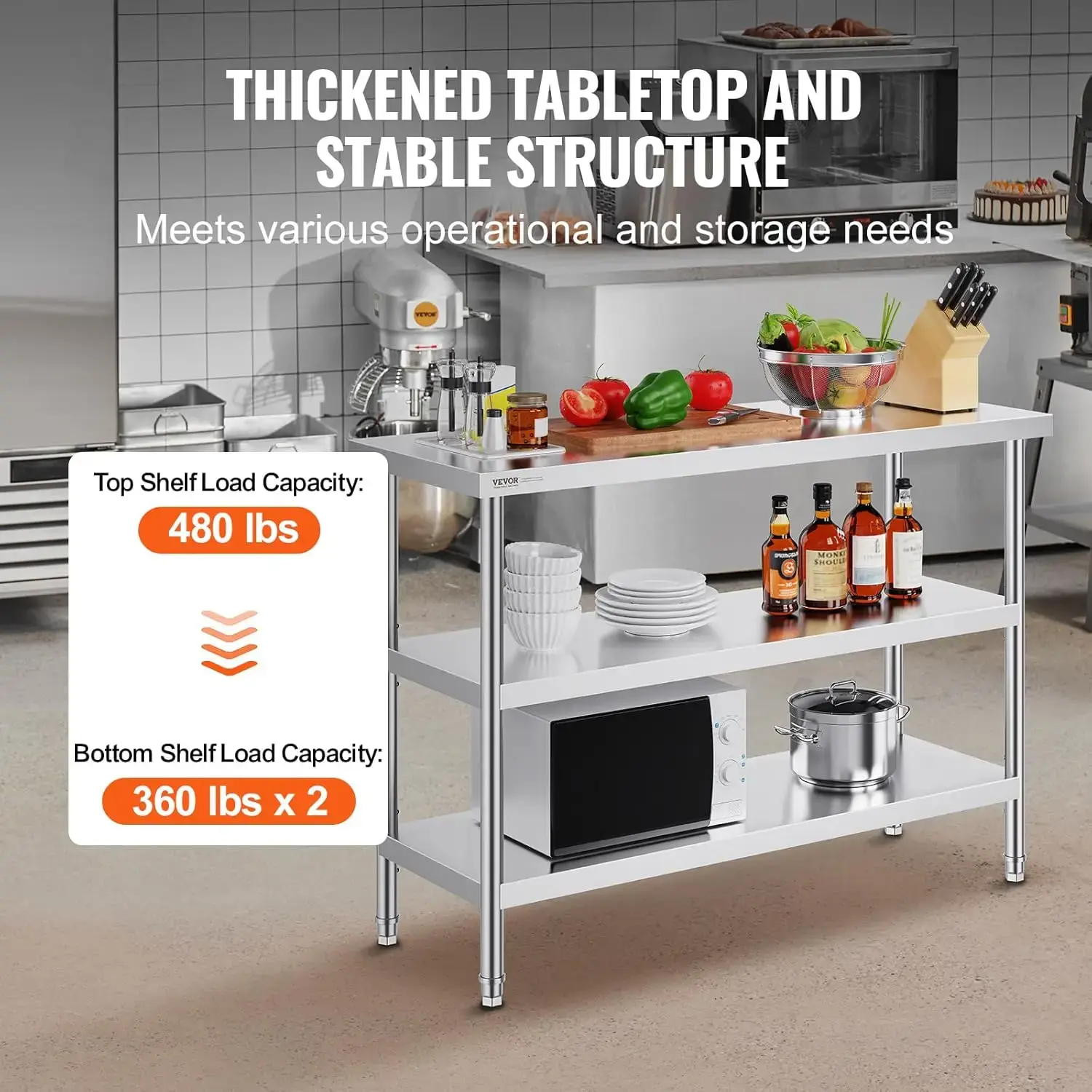 Stainless Steel Food Prep Table, 18 x 48 x 34 Inch Commercial Kitchen Worktable, with 2 Adjustable Undershelf