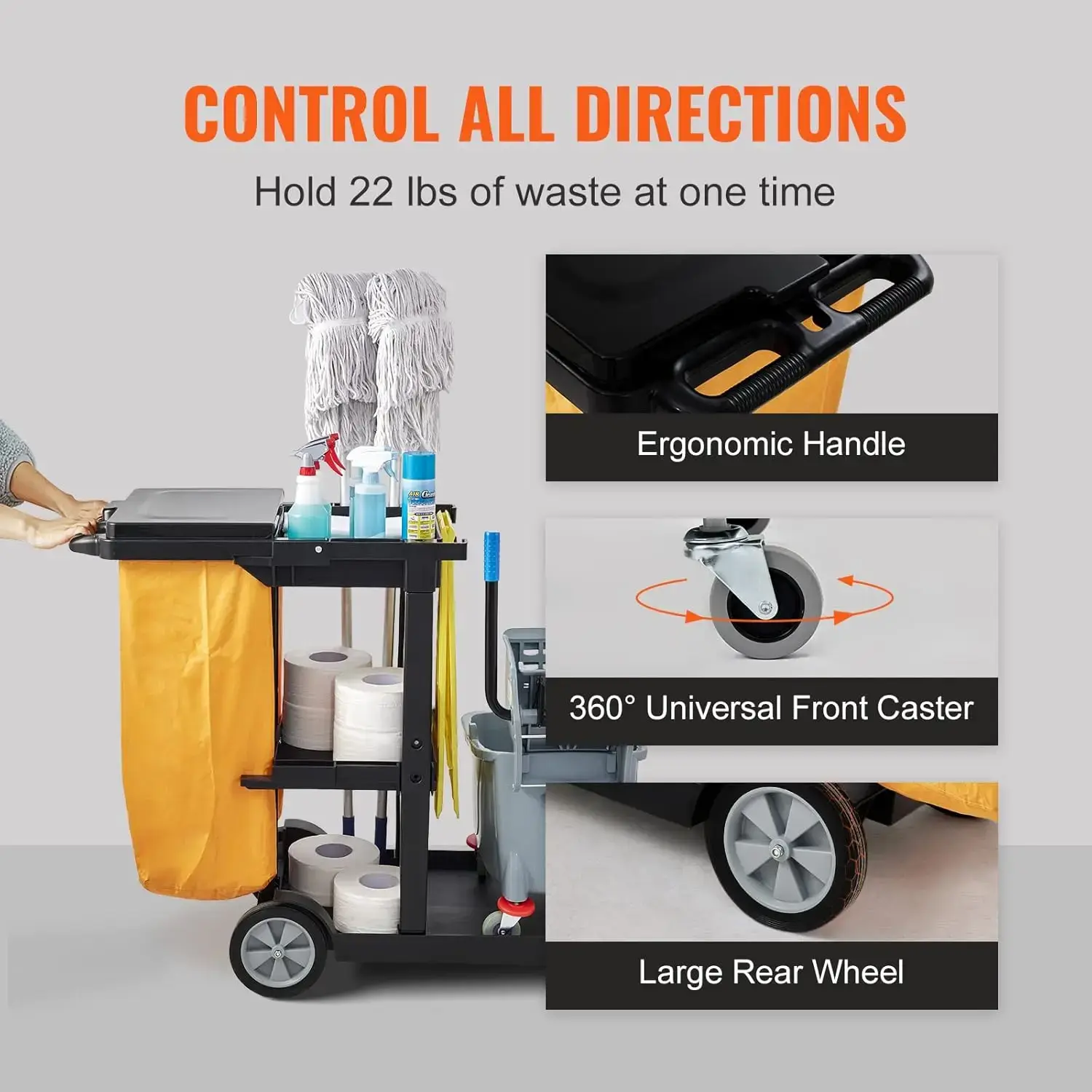 Cleaning Cart, 3-Shelf Commercial Janitorial Cart, 200 lbs Capacity Plastic Housekeeping Cart, with 25 Gallon PVC Bag and Cover