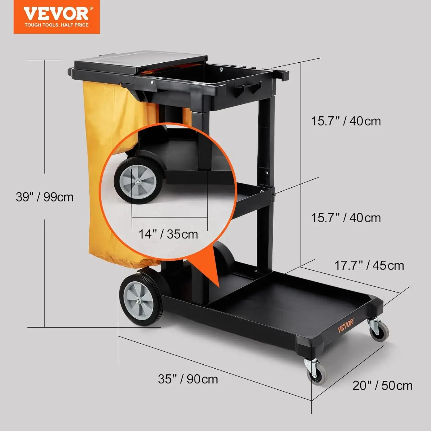 Cleaning Cart, 3-Shelf Commercial Janitorial Cart, 200 lbs Capacity Plastic Housekeeping Cart, with 25 Gallon PVC Bag and Cover
