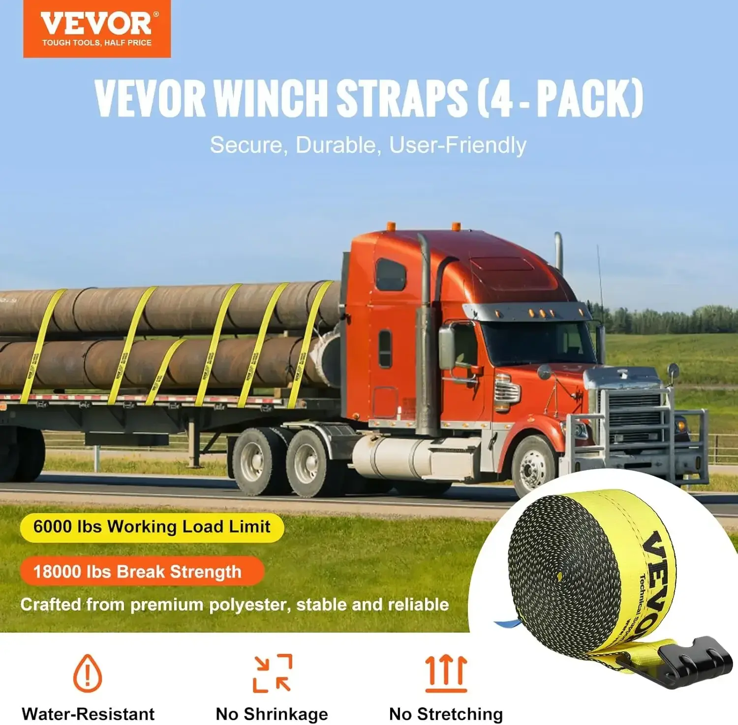 Winch Straps, 4" x 30', 6000 lbs Load Capacity, 18000 lbs Break Strength