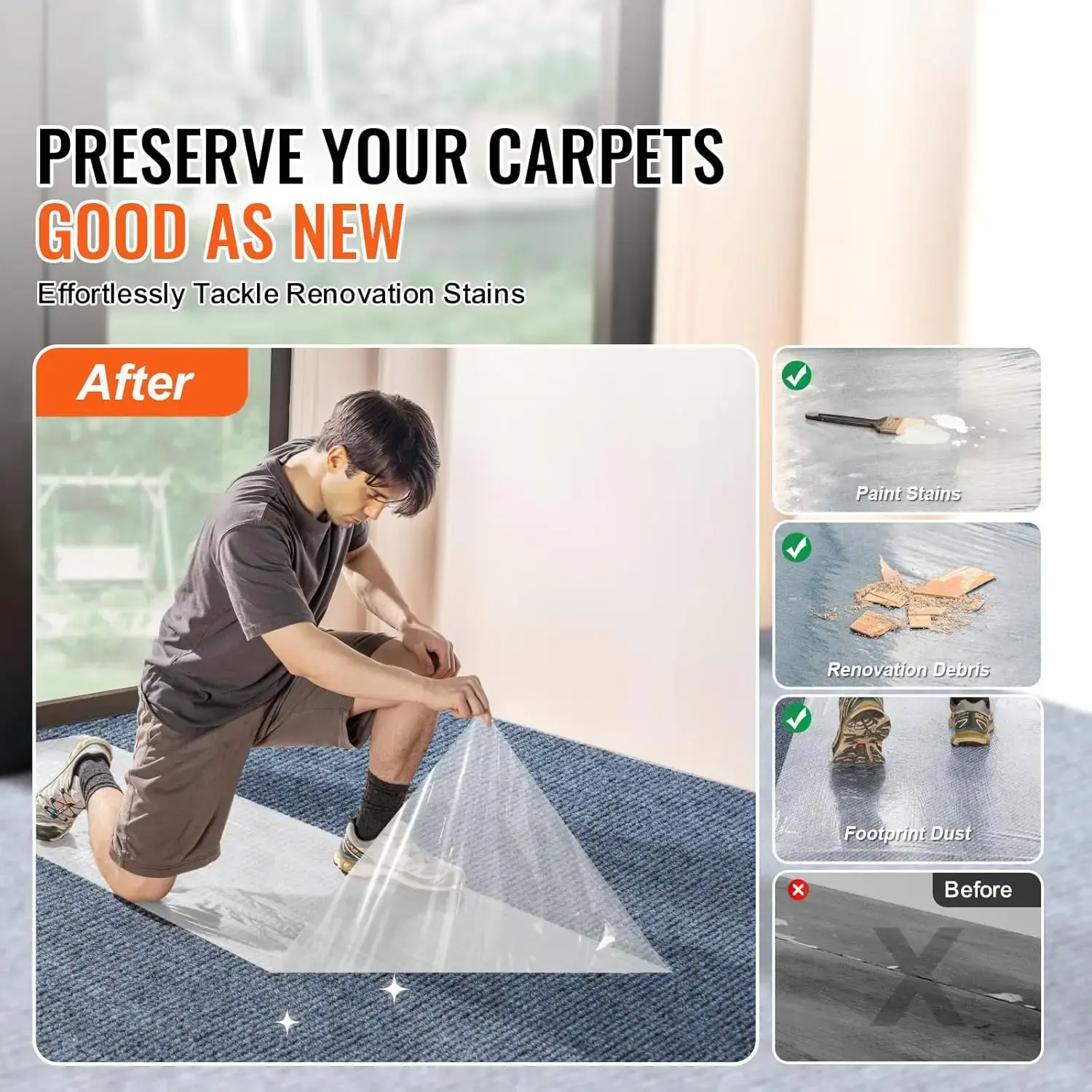Carpet Protection Film, 24" x 100' Floor and Surface Shield, Polyethylene Adhesive Car Mat Protection Film Roll