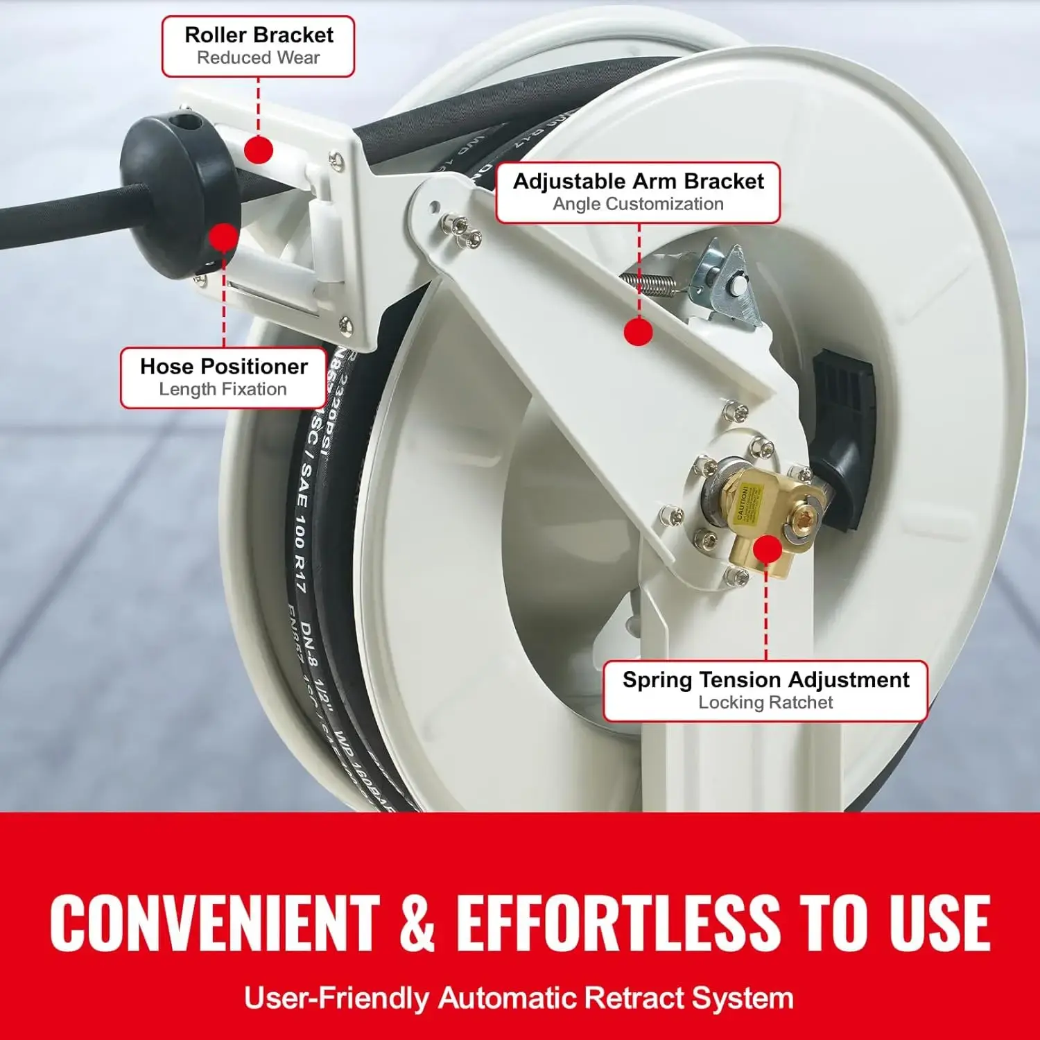 Fuel Hose Reel, 1/2" x 50', Extra Long Retractable Machine Oil Hose Reel, Spring Driven Auto Swivel Rewind