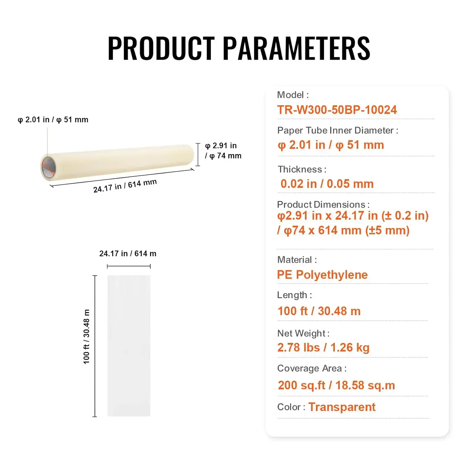 Carpet Protection Film, 24" x 100' Floor and Surface Shield, Polyethylene Adhesive Car Mat Protection Film Roll