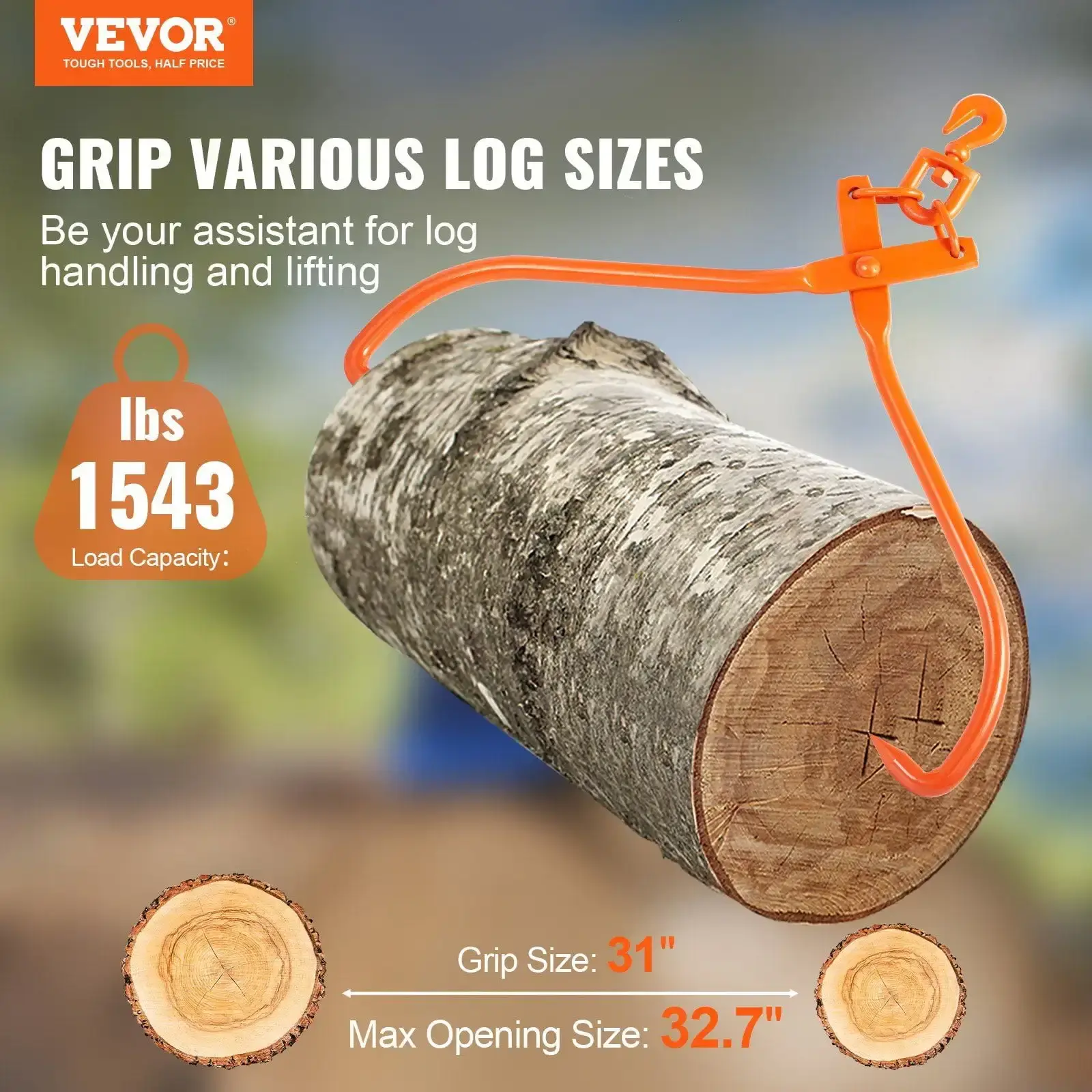 Log Skidding Tongs, 32 inch 2 Claw Log Lifting Tongs, Heavy Duty Rotating Steel Lumber Skidding Tongs