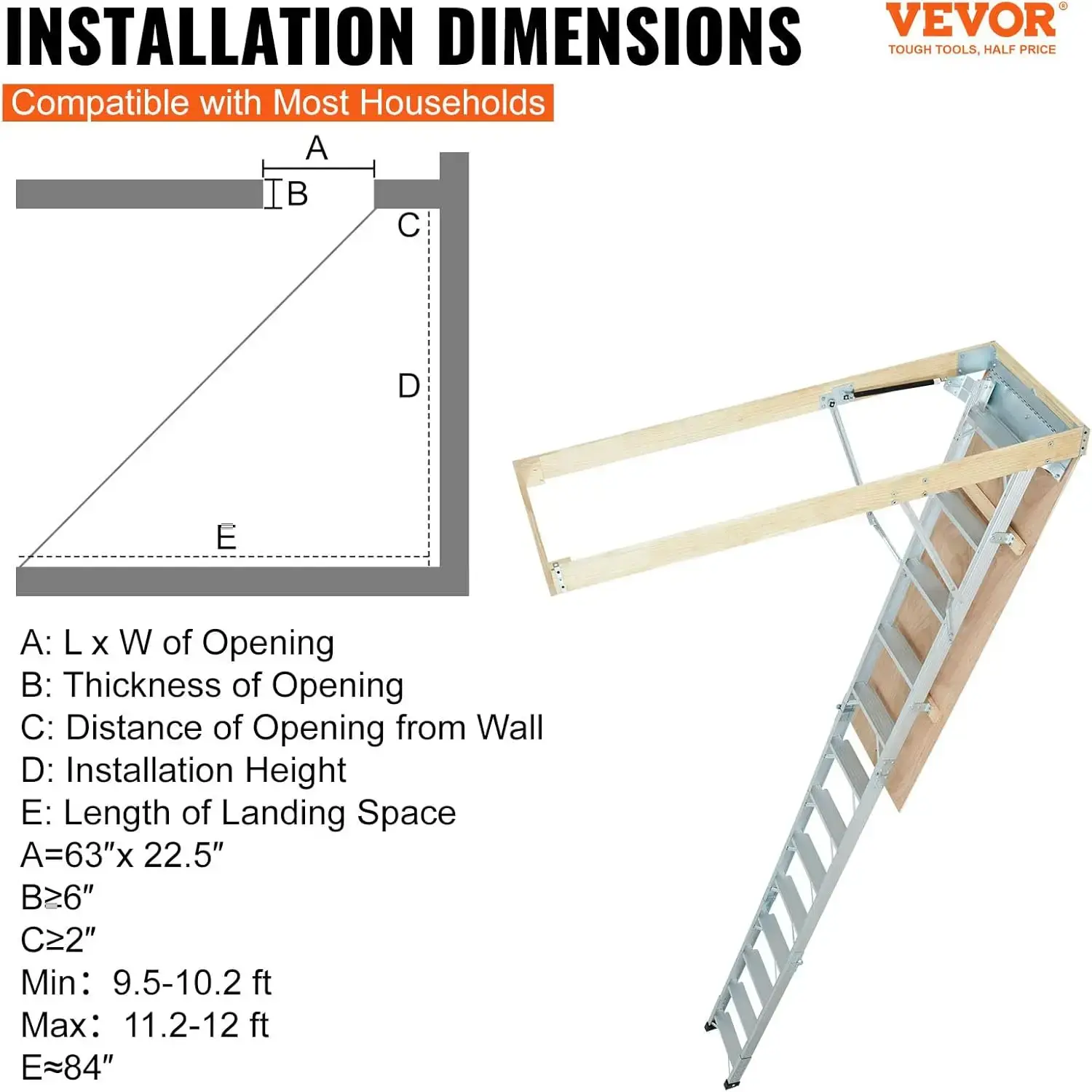 Attic Ladder Foldable, 350-pound Capacity, 22.5" x 63", Multi-Purpose Aluminium Extension, Lightweight and Portable