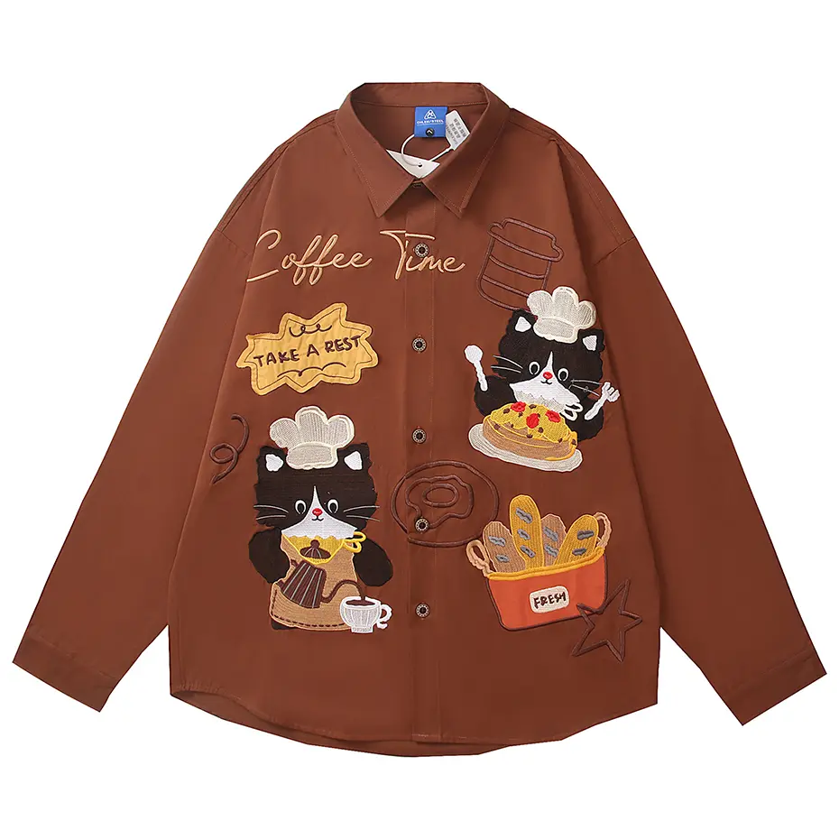 Funny Cats Splicing Shirts Japanese Harajuku Oversized Shirts Long Sleeve Button Up Blouse Casual Loose Shirts