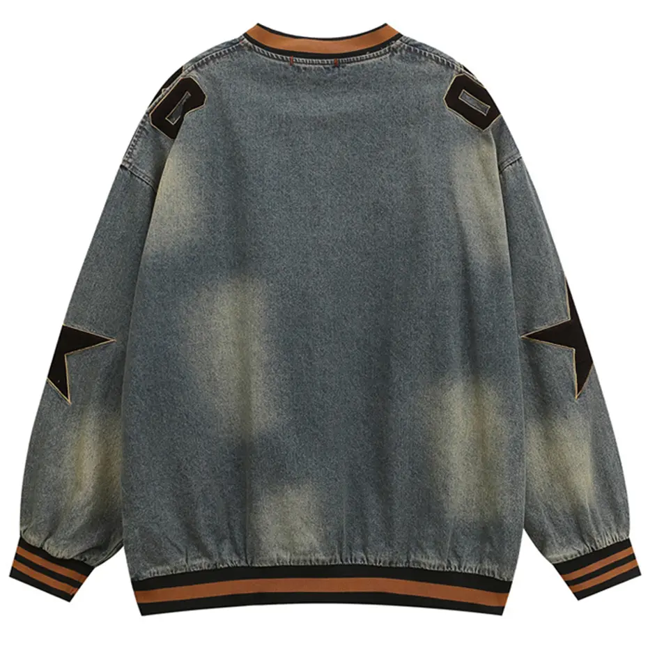 Vintage Denim Sweatshirts Letter Star Embroidery Oversized Hoodie Men 2025 Autumn Pullovers Streetwear Hip Hop Oversized Hoodies