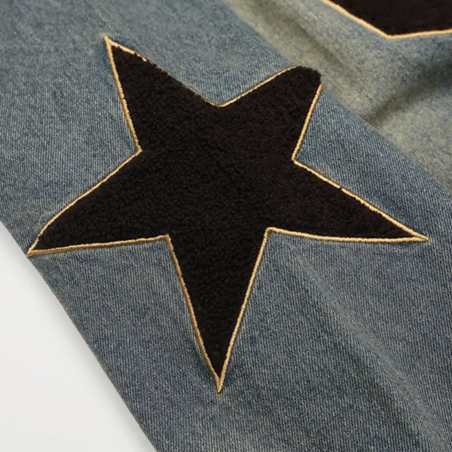 Vintage Denim Sweatshirts Letter Star Embroidery Oversized Hoodie Men 2025 Autumn Pullovers Streetwear Hip Hop Oversized Hoodies