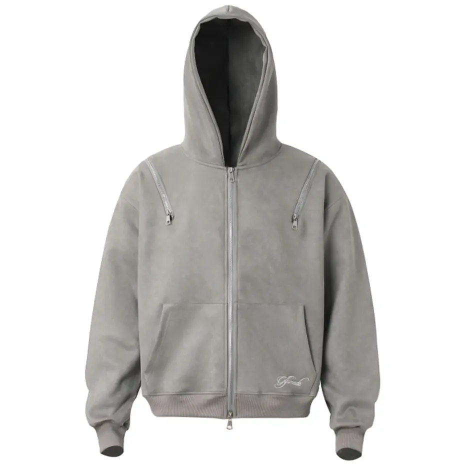 Vintage Suede Hoodies Multi Zipper Hooded Hoodies Jackets Men Streetwear Harajuku Hip Hop Oversized Hoodies Sweatshirts