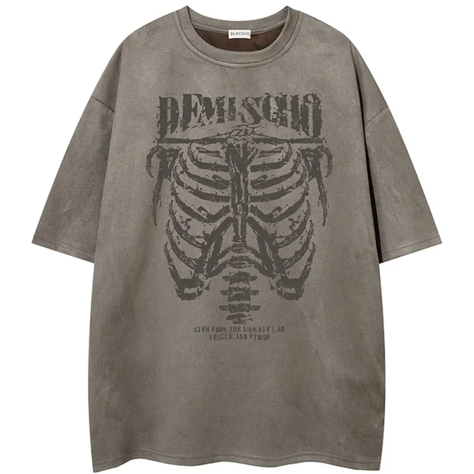 Skeleton Graphic T Shirt Men Vintage Suede Tee Tops Summer Casual Loose Tshirt Streetwear Harajuku Hip Hop Oversized T-shirts