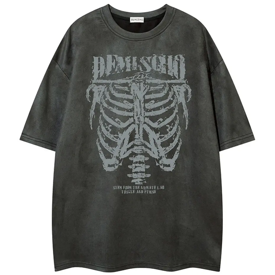 Skeleton Graphic T Shirt Men Vintage Suede Tee Tops Summer Casual Loose Tshirt Streetwear Harajuku Hip Hop Oversized T-shirts