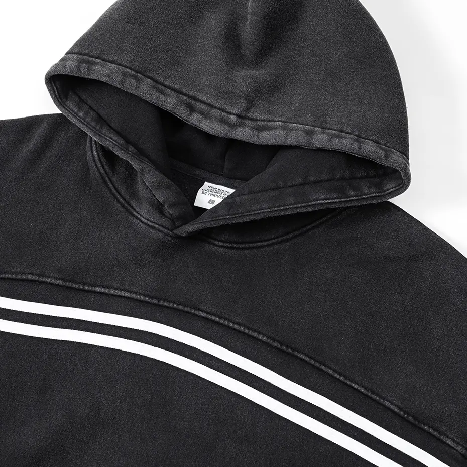 Vintage Striped Hoodies Thicken Fleece Pullover Fall Winter Loose Casual Hoodie Men Washed Black Sweatshirts Hoodie