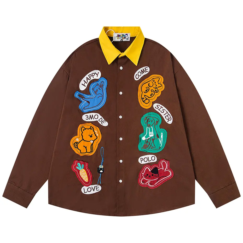 Funny Cat Graphic Shirts Japanese Harajuku Vintage Oversized Shirts Casual Loose Long Sleeve Button Up Blouse Men Shirts