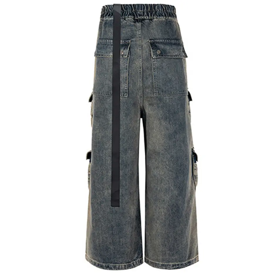 Men Vintage Blue Cargo Jeans Multi Pocket Wide Leg Baggy Denim Pants Luxury Designer Man Loose Casual Jeans Trousers