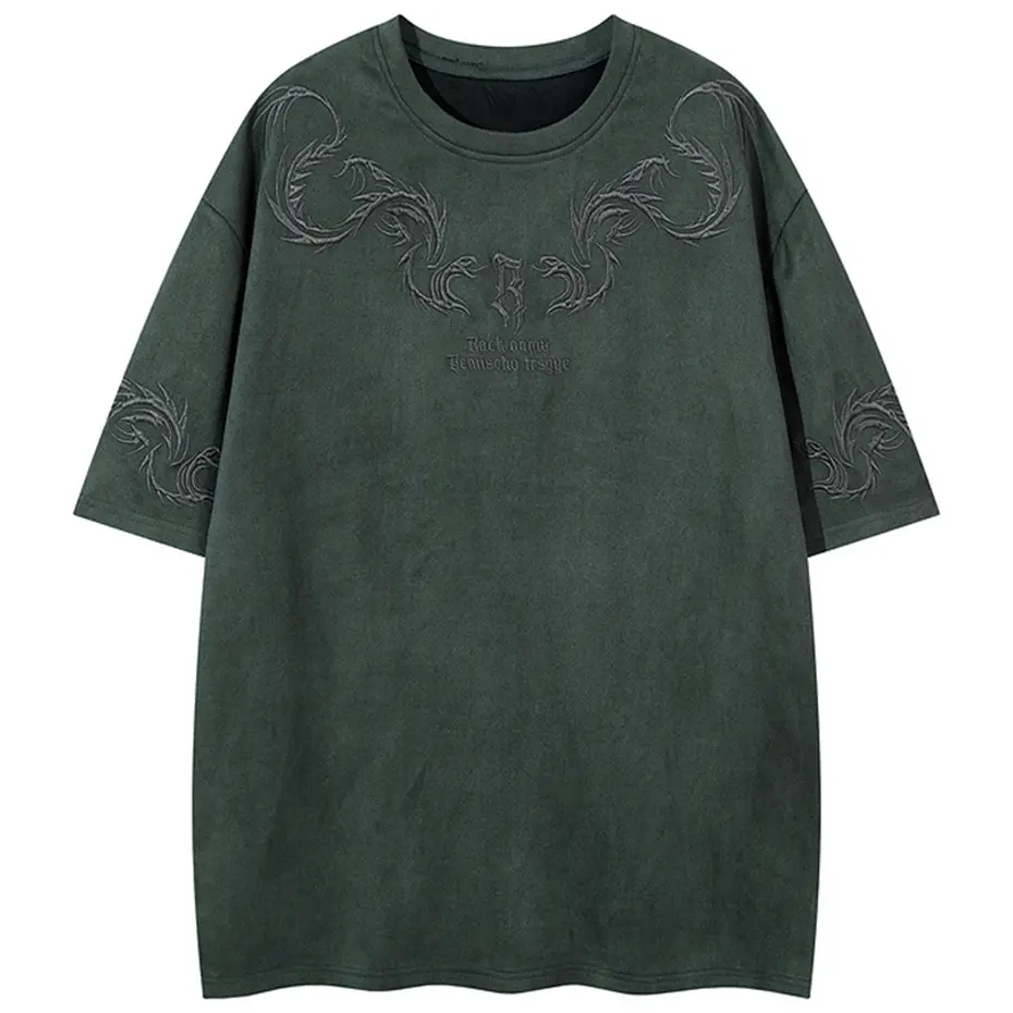 Dragon Embroidery Hip Hop T Shirts Men Streetwear Harajuku Hip Hop Oversized T-shirt Summer Vintage Suede Tee Tops