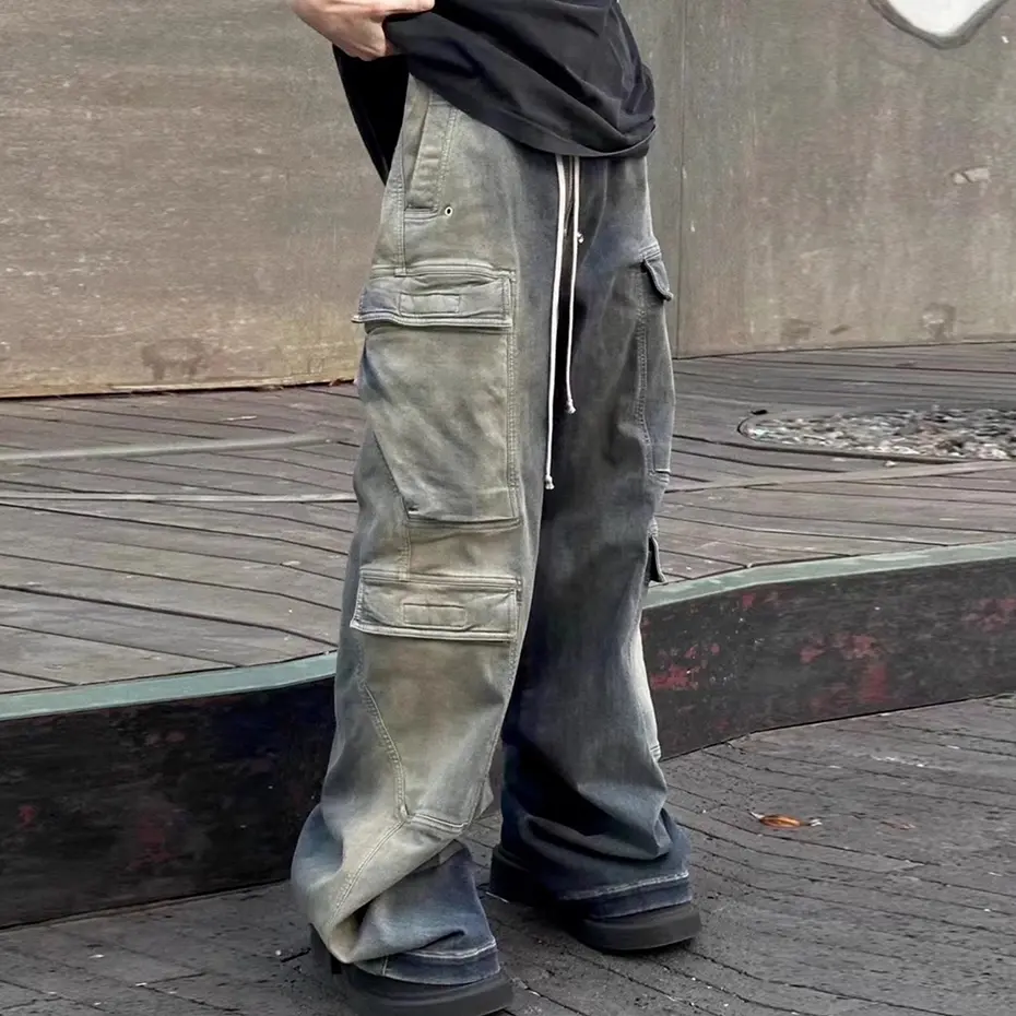 Men Vintage Blue Cargo Jeans Multi Pocket Wide Leg Baggy Denim Pants Luxury Designer Man Loose Casual Jeans Trousers
